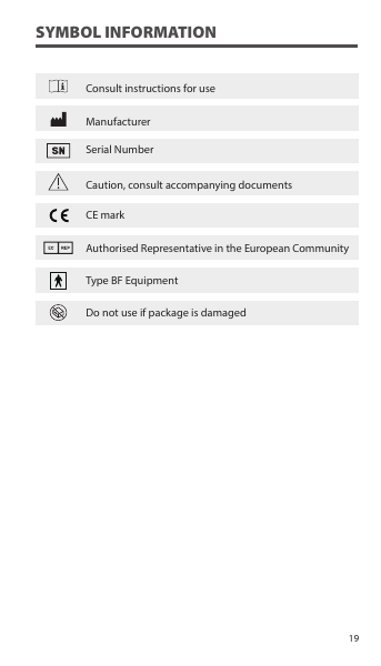 SYMBOL INFORMATIONConsult instructions for useManufacturerSerial NumberCaution, consult accompanying documents CE markAuthorised Representative in the European CommunityType BF EquipmentDo not use if package is damaged 19