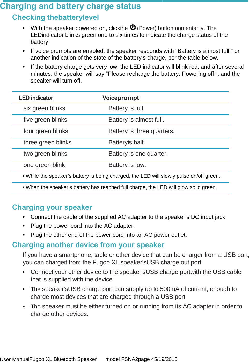  User Man ChargCh L ChCh  nualFugoo XLging andecking t• With theLEDindbattery.• If voice another• If the baminutesspeakerLED indicatosix green five greenfour greenthree greetwo greenone green• While the s• When the arging y• Connec• Plug the• Plug thearging aIf you haveyou can ch• Connecthat is s• The specharge • The specharge  L Bluetooth Sd batterhebattere speaker picator blinks prompts arr indication attery chargs, the speakr will turn ofor blinks n blinks n blinks en blinks n blinks n blink speaker’s baspeaker’s bayour speact the cable e power core other end another de a smartphargeit fromct your othesupplied wieaker’sUSBmost deviceaker mustother devicSpeaker      mry chargrylevelpowered ons green onere enabled, of the statege gets veryker will say ff.   Vattery is beingattery has reaaker of the supprd into the Aof the powdevice frohone, tablem the Fugoer device toith the deviB charge poces that aret be either tces. model FSNAge statu , clickthe e to six timethe speake of the battey low, the LE“Please recVoiceprompBattery is Battery is Battery is Batteryis hBattery is Battery is g charged, thached full chplied AC adaAC adapter.er cord intoom youre or other doo XL speako the speakce. ort can supe charged tturned on oA2page 45/19us  (Power) bues to indicater responds ery’s chargeED indicatocharge the bpt full. almost fullthree quarhalf. one quartelow. he LED will sharge, the LEapter to the. o an AC powr speakerdevice that ker’sUSB cker’sUSB cpply up to 5through a Uor running f9/2015 uttonmomente the chargwith &quot;Battee, per the taor will blink rbattery. Pow. rters. er. slowly pulse ED will glow se speaker’s wer outlet.r can be chacharge outcharge portw500mA of cUSB port. from its ACntarily. The ge status of ery is almostable below. red, and aftewering off.”,on/off greensolid green. DC input jaarger from aport.  with the UScurrent, enoC adapter inthe t full.&quot; or er several  and the . ack. a USB portSB cable ough to n order to t, 