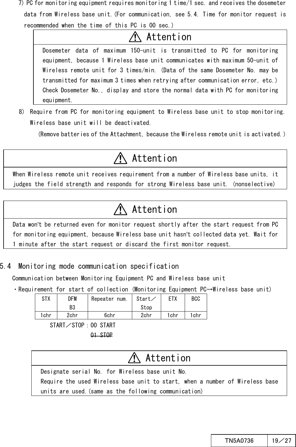  ＴN5A0736  19／27   7) PC for monitoring equipment requires monitoring 1 time/1 sec. and receives the dosemeter data from Wireless base unit.(For communication, see 5.4. Time for monitor request is recommended when the time of this PC is 00 sec.)  Attention Dosemeter  data  of  maximum  150-unit  is  transmitted  to  PC  for  monitoring equipment, because 1 Wireless base unit communicates with maximum 50-unit of Wireless remote unit for 3 times/min. (Data of the same Dosemeter No. may be transmitted for maximum 3 times when retrying after communication error, etc.) Check Dosemeter No., display and store the normal data with PC for monitoring equipment. 8)  Require from PC for monitoring equipment to Wireless base unit to stop monitoring. Wireless base unit will be deactivated.             (Remove batteries of the Attachment, because the Wireless remote unit is activated.）   Attention When Wireless remote unit receives requirement from a number of Wireless base units, it judges the field strength and responds for strong Wireless base unit. (nonselective)   Attention Data won’t be returned even for monitor request shortly after the start request from PC for monitoring equipment, because Wireless base unit hasn’t collected data yet. Wait for 1 minute after the start request or discard the first monitor request.  5.4  Monitoring mode communication specification Communication between Monitoring Equipment PC and Wireless base unit ・Requirement for start of collection (Monitoring Equipment PC→Wireless base unit) STX  DFM B3 Repeater num. Start／Stop ETX  BCC 1chr 2chr  6chr  2chr  1chr  1chr                 START／STOP：00 START                              01 STOP   Attention Designate serial No. for Wireless base unit No. Require the used Wireless base unit to start, when a number of Wireless base units are used.(same as the following communication) 