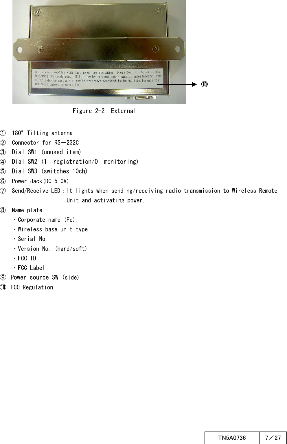  ＴN5A0736  7／27            Figure 2-2  External  ①  180°Tilting antenna ②  Connector for RS－232C ③ Dial SW1 (unused item) ④ Dial SW2 (1：registration/0：monitoring) ⑤ Dial SW3 (switches 10ch) ⑥  Power Jack(DC 5.0V) ⑦  Send/Receive LED：It lights when sending/receiving radio transmission to Wireless Remote Unit and activating power. ⑧  Name plate ・Corporate name (Fe) ・Wireless base unit type ・Serial No. ・Version No. (hard/soft) ・FCC ID ・FCC Label ⑨  Power source SW (side) ⑩ FCC Regulation      ⑩⑩⑩⑩    