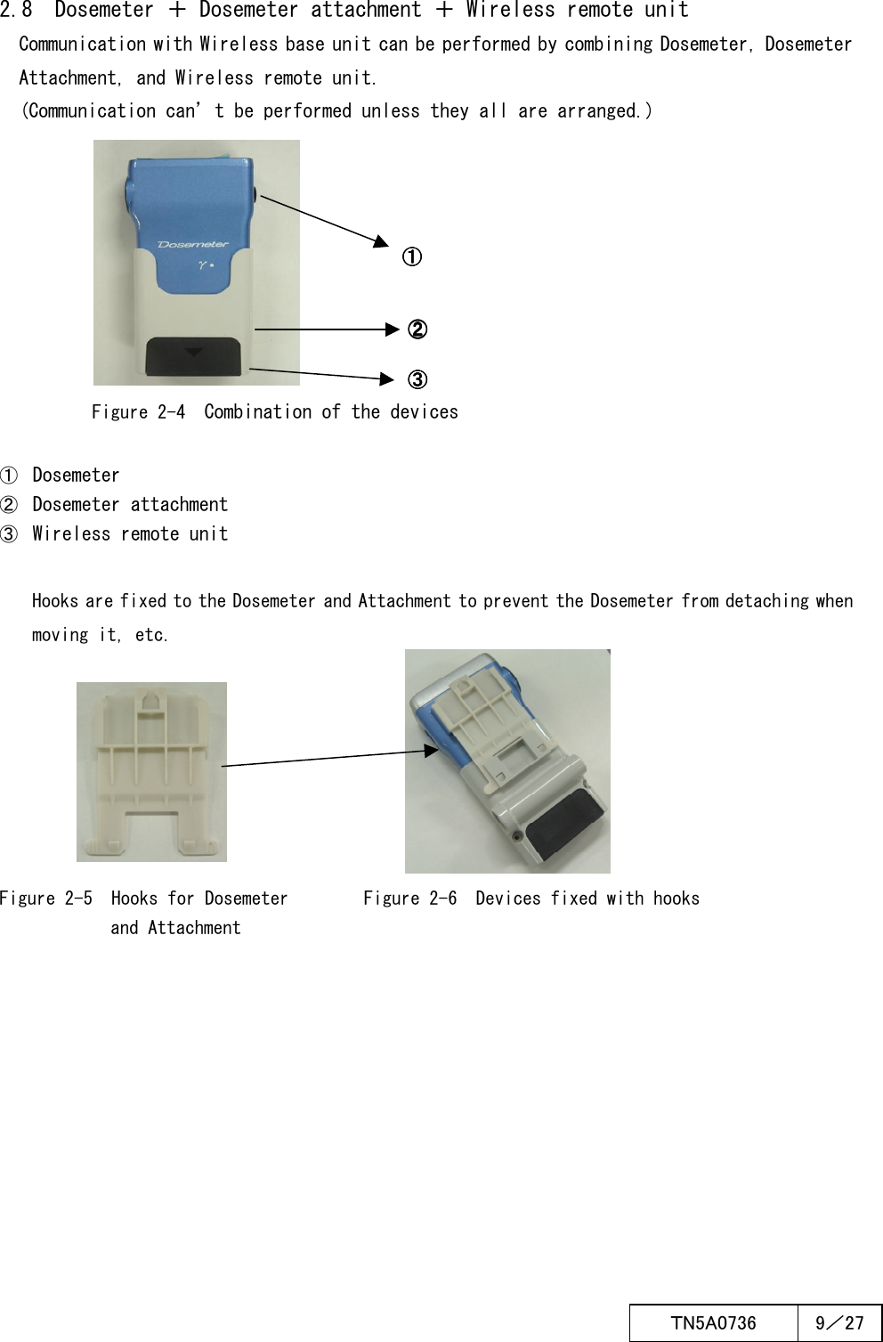  ＴN5A0736  9／27      2.8  Dosemeter ＋ Dosemeter attachment ＋ Wireless remote unit   Communication with Wireless base unit can be performed by combining Dosemeter, Dosemeter Attachment, and Wireless remote unit.   (Communication can’t be performed unless they all are arranged.)         Figure 2-4  Combination of the devices  ① Dosemeter ② Dosemeter attachment ③ Wireless remote unit  Hooks are fixed to the Dosemeter and Attachment to prevent the Dosemeter from detaching when moving it, etc.        Figure 2-5  Hooks for Dosemeter        Figure 2-6  Devices fixed with hooks and Attachment     ③③③③    ②②②②    ①①①①    