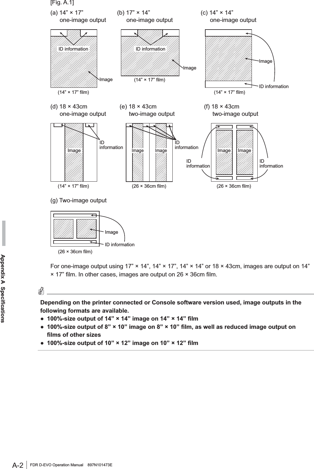 A-2 FDR D-EVO Operation Manual    897N101473EAppendix A  Specifications[Fig. A.1](a) 14” × 17” (b) 17” × 14” (c) 14” × 14”one-image output one-image output one-image output(14” × 17” film) (14” × 17” film)(14” × 17” film)ID informationImageImageID informationID informationImage(d) 18 × 43cm (e) 18 × 43cm (f) 18 × 43cmone-image output two-image output two-image output(14” × 17” film)IDinformationIDinformationIDinformationIDinformation(26 × 36cm film)(26 × 36cm film)ImageImageImageImageImage(g) Two-image outputID informationImage(26 × 36cm film)For one-image output using 17” × 14”, 14” × 17”, 14” × 14” or 18 × 43cm, images are output on 14” î´¿OP,QRWKHUFDVHVLPDJHVDUHRXWSXWRQîFP¿OP&apos;HSHQGLQJRQWKHSULQWHUFRQQHFWHGRU&amp;RQVROHVRIWZDUHYHUVLRQXVHGLPDJHRXWSXWVLQWKHIROORZLQJIRUPDWVDUHDYDLODEOHƔ VL]HRXWSXWRI´î´LPDJHRQ´î´¿OPƔ VL]HRXWSXWRI´î´LPDJHRQ´î´¿OPDVZHOODVUHGXFHGLPDJHRXWSXWRQ¿OPVRIRWKHUVL]HVƔ VL]HRXWSXWRI´î´LPDJHRQ´î´¿OP