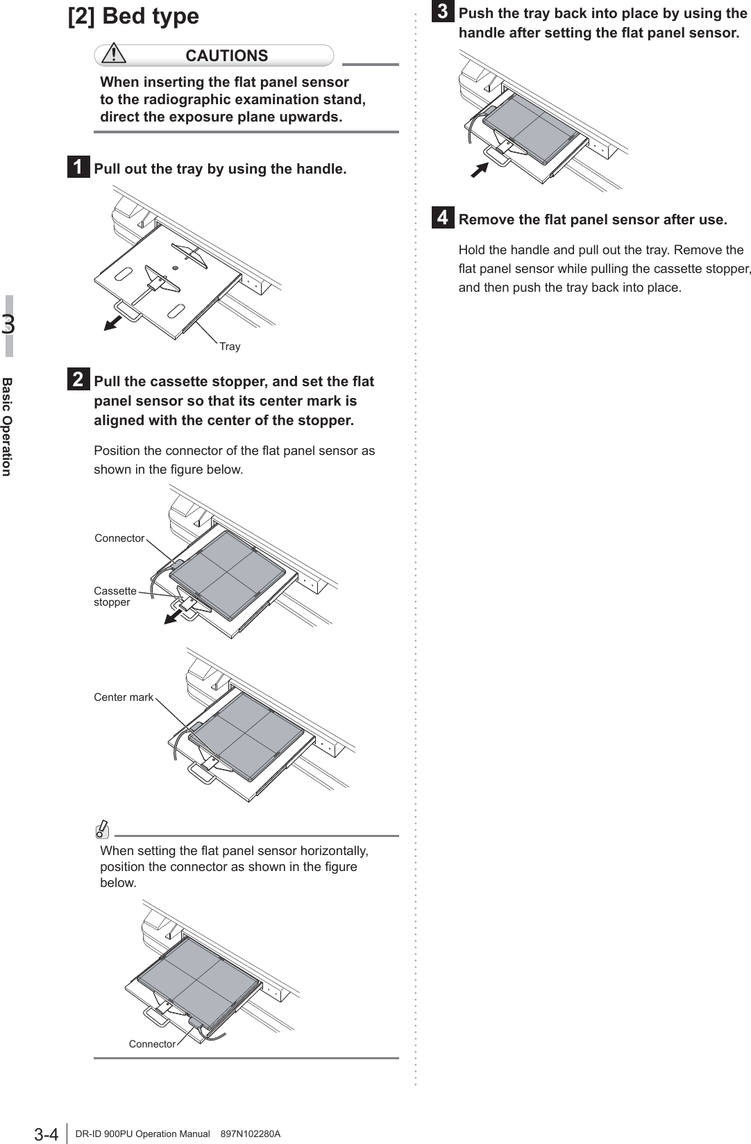 3-4Basic Operation3DR-ID 900PU Operation Manual    897N102280A[2] Bed typeCAUTIONSWhen inserting the ﬂat panel sensor to the radiographic examination stand, direct the exposure plane upwards.1  Pull out the tray by using the handle.Tray2  Pull the cassette stopper, and set the ﬂat panel sensor so that its center mark is aligned with the center of the stopper.Position the connector of the ﬂat panel sensor as shown in the ﬁgure below.Cassette stopperConnectorCenter markWhen setting the ﬂat panel sensor horizontally, position the connector as shown in the ﬁgure below.Connector3  Push the tray back into place by using the handle after setting the ﬂat panel sensor.4 Remove the ﬂat panel sensor after use.Hold the handle and pull out the tray. Remove the ﬂat panel sensor while pulling the cassette stopper, and then push the tray back into place.