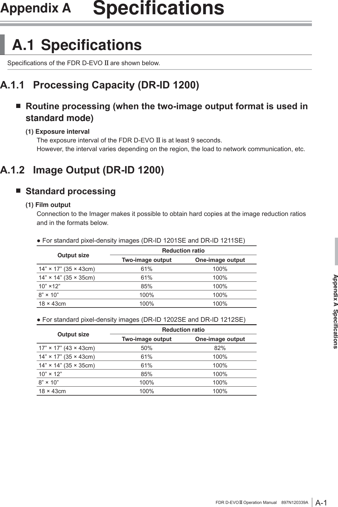 A-1Appendix A  SpecificationsFDR D-EVO II Operation Manual    897N120339AAppendix A  SpecificationsA.1 Specifications6SHFL¿FDWLRQVRIWKH)&apos;5D-EVO II are shown below.$ 3URFHVVLQJ&amp;DSDFLW\&apos;5,&apos;Ŷ 5RXWLQHSURFHVVLQJZKHQWKHWZRLPDJHRXWSXWIRUPDWLVXVHGLQstandard mode)(1) Exposure interval The exposure interval of the FDR D-EVO II is at least 9 seconds.However, the interval varies depending on the region, the load to network communication, etc.$ ,PDJH2XWSXW&apos;5,&apos;Ŷ 6WDQGDUGSURFHVVLQJ(1)  Film output  Connection to the Imager makes it possible to obtain hard copies at the image reduction ratios and in the formats below.Ɣ)RUVWDQGDUGSL[HOGHQVLW\LPDJHV&apos;5,&apos;6(DQG&apos;5,&apos;6(Output size Reduction ratio 7ZRLPDJHRXWSXW 2QHLPDJHRXWSXW14” × 17” (35 × 43cm)  61% 100%14” × 14” (35 × 35cm)  61% 100%10” ×12” 85%  100%8” × 10” 100% 100%18 × 43cm 100% 100%Ɣ)RUVWDQGDUGSL[HOGHQVLW\LPDJHV&apos;5,&apos;6(DQG&apos;5,&apos;6(Output size Reduction ratio 7ZRLPDJHRXWSXW 2QHLPDJHRXWSXW17” × 17” (43 × 43cm) 50% 82%14” × 17” (35 × 43cm) 61% 100%14” × 14” (35 × 35cm) 61% 100%10” × 12”  85% 100%8” × 10” 100% 100%18 × 43cm 100% 100%