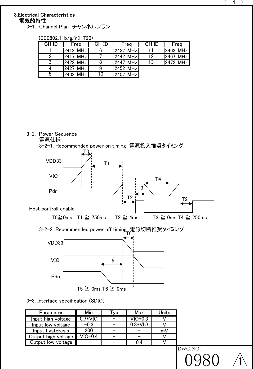 （4）3.Electrical Characteristics   電気的特性3-1. Channel Plan  チャンネルプランIEEE802.11b/g/n(HT20)2412 MHz 2437 MHz 2462 MHz2417 MHz 2442 MHz 2467 MHz2422 MHz 2447 MHz 2472 MHz2427 MHz 2452 MHz2432 MHz 2457 MHz3-2.  Power Sequence電源仕様3-2-1. Recommended power on timing  電源投入推奨タイミングT0≧0ms T1 ≧ 750ms T2 ≧ 4ms T3 ≧ 0ms T4 ≧ 250ms3-2-2. Recommended power off timing  電源切断推奨タイミングT5 ≧ 0ms T6 ≧ 0ms3-3. Interface specification (SDIO)ＭＩＴＳＵＭＩ　ＥＬＥＣＴＲＩＣ　ＣＯ．，ＬＴＤ．ParameterCH ID Freq53412V-0.4UnitsmV0.3*VIO V-V111210Min69Max13CH ID-VCH ID78VIO+0.3FreqTypFreqInput high voltage 0.7*VIO-Input low voltage -0.3-Input hysteresisDWG.NO.0980Output low voltage -200--VIO-0.4Output high voltageVDD33VIOVDD33VIOPdnPdnT5Host controll enableT2 T2T3T1T4T0T61