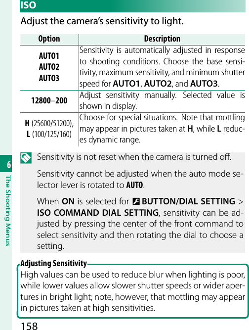 1586The Shooting Menus ISOAdjust the camera’s sensitivity to light.OptionOptionDescriptionDescriptionAUTO1AUTO2AUTO3Sensitivity is automatically adjusted in response to shooting conditions. Choose the base sensi-tivity, maximum sensitivity, and minimum shutter speed for AUTO1, AUTO2, and AUTO3.12800–200 Adjust sensitivity manually.  Selected value is shown in display.H (25600/51200), L (100/125/160)Choose for special situations.  Note that mottling may appear in pictures taken at H, while L reduc-es dynamic range.N  Sensitivity is not reset when the camera is turned o .Sensitivity cannot be adjusted when the auto mode se-lector lever is rotated to AUTO.When ON is selected for D BUTTON/DIAL SETTING&gt; ISO COMMAND DIAL SETTING, sensitivity can be ad-justed by pressing the center of the front command to select sensitivity and then rotating the dial to choose a setting.Adjusting Sensitivity High values can be used to reduce blur when lighting is poor, while lower values allow slower shutter speeds or wider aper-tures in bright light; note, however, that mottling may appear in pictures taken at high sensitivities.