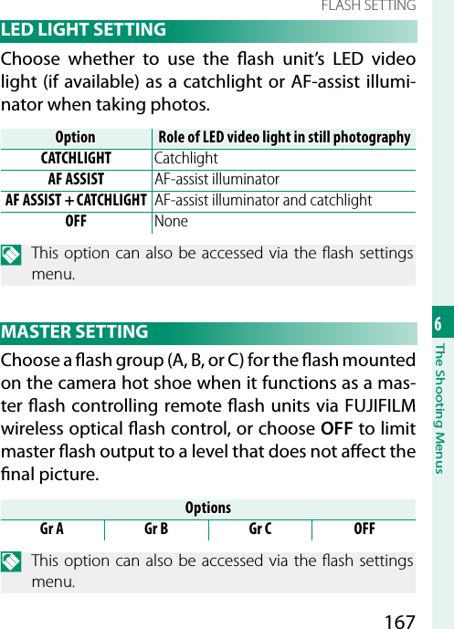 1676The Shooting MenusFLASH SETTING LED LIGHT SETTINGChoose whether to use the  ash unit’s LED video light (if available) as a catchlight or AF-assist illumi-nator when taking photos.OptionOptionRole of LED video light in still photographyRole of LED video light in still photographyCATCHLIGHT CatchlightAF ASSIST AF-assist illuminatorAF ASSIST + CATCHLIGHT AF-assist illuminator and catchlightOFF NoneN  This option can also be accessed via the  ash settings menu. MASTER  SETTINGChoose a  ash group (A, B, or C) for the  ash mounted on the camera hot shoe when it functions as a mas-ter  ash controlling remote  ash units via FUJIFILM wireless optical  ash control, or choose OFF to limit master  ash output to a level that does not a ect the  nal picture.OptionsOptionsGr A Gr B Gr C OFFN  This option can also be accessed via the  ash settings menu.
