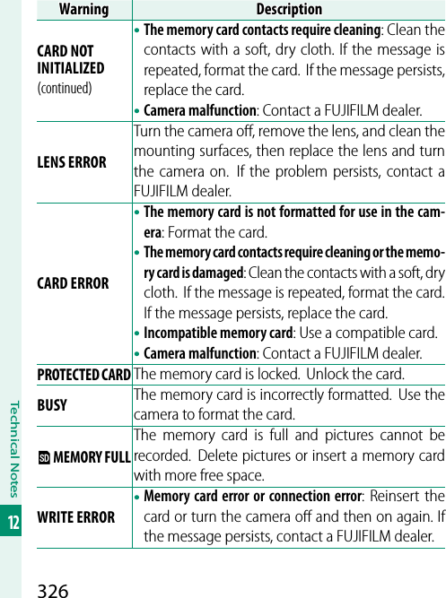 326Technical Notes12WarningWarningDescriptionDescriptionCARD NOT INITIALIZED(continued)• The memory card contacts require cleaning: Clean the contacts with a soft, dry cloth. If the message is repeated, format the card.  If the message persists, replace the card.• Camera malfunction: Contact a FUJIFILM dealer.LENS ERRORTurn the camera oﬀ , remove the lens, and clean the mounting surfaces, then replace the lens and turn the camera on.  If the problem persists, contact a FUJIFILM dealer.CARD ERROR• The memory card is not formatted for use in the cam-era: Format the card.• The memory card contacts require cleaning or the memo-ry card is damaged: Clean the contacts with a soft, dry cloth.  If the message is repeated, format the card. If the message persists, replace the card.• Incompatible memory card: Use a compatible card.• Camera malfunction: Contact a FUJIFILM dealer.PROTECTED CARDThe memory card is locked.  Unlock the card.BUSY The memory card is incorrectly formatted. Use the camera to format the card.b MEMORY FULLThe memory card is full and pictures cannot be recorded.  Delete pictures or insert a memory card with more free space.WRITE ERROR• Memory card error or connection error: Reinsert the card or turn the camera oﬀ  and then on again. If the message persists, contact a FUJIFILM dealer.