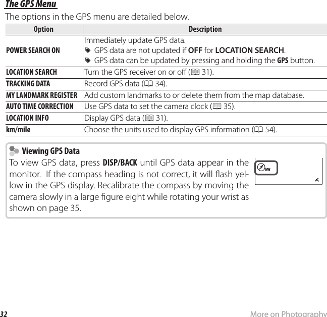 32 More on PhotographyRecording GPS Data with PicturesThe GPS MenuThe GPS MenuThe options in the GPS menu are detailed below.OptionOption DescriptionDescriptionPOWER SEARCH ONPOWER SEARCH ONImmediately update GPS data.  RRGPS data are not updated if GPS data are not updated if OFFOFF for  for LOCATION SEARCHLOCATION SEARCH..  RRGPS data can be updated by pressing and holding the GPS data can be updated by pressing and holding the GPSGPS button. button. LOCATION SEARCH LOCATION  SEARCH Turn the GPS receiver on or o  (P 31). TRACKING DATA TRACKING  DATA Record GPS data (P 34).MY LANDMARK REGISTERMY LANDMARK REGISTER Add custom landmarks to or delete them from the map database.AUTO TIME CORRECTIONAUTO TIME CORRECTION Use GPS data to set the camera clock (P 35). LOCATION INFO LOCATION  INFO Display GPS data (P 31).km/milekm/mile Choose the units used to display GPS information (P 54).    Viewing GPS Data  Viewing GPS DataTo view GPS data, press DISP/BACK until GPS data appear in the monitor.  If the compass heading is not correct, it will  ash yel-low in the GPS display. Recalibrate the compass by moving the camera slowly in a large  gure eight while rotating your wrist as shown on page 35.NWNW