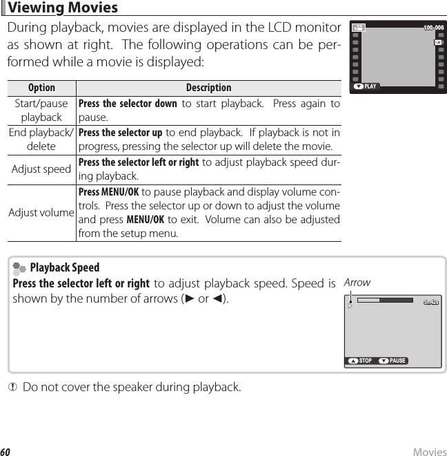 60 MoviesViewing MoviesViewing MoviesDuring playback, movies are displayed in the LCD monitor as shown at right.  The following operations can be per-formed while a movie is displayed:OptionOption DescriptionDescriptionStart/pause Start/pause playbackplaybackPress the selector down to start playback.  Press again to pause.End playback/End playback/deletedeletePress the selector up to end playback.  If playback is not in progress, pressing the selector up will delete the movie.Adjust speedAdjust speed Press the selector left or right to adjust playback speed dur-ing playback.Adjust volumeAdjust volumePress MENU/OK to pause playback and display volume con-trols.  Press the selector up or down to adjust the volume and press MENU/OK to exit.  Volume can also be adjusted from the setup menu.PLAY100-006100-006  Playback Speed Playback SpeedPress the selector left or right to adjust playback speed. Speed is shown by the number of arrows (M or N).ArrowSTOP PAUSE5m42s5m42s Q Do not cover the speaker during playback.
