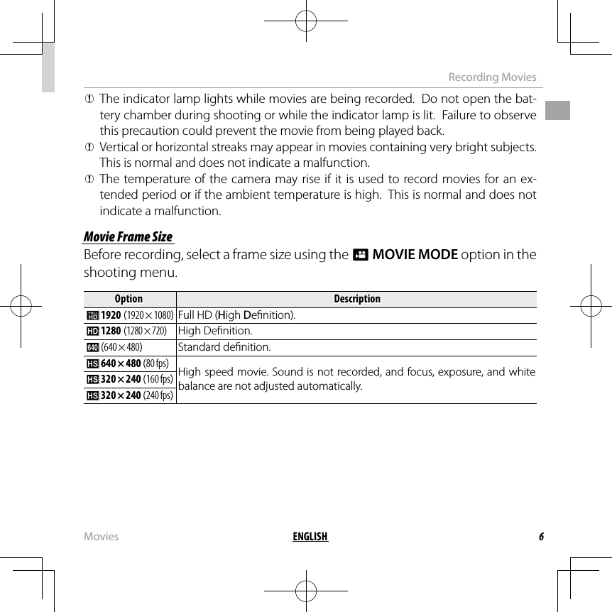 6ENGLISHMoviesRecording Movies QThe indicator lamp lights while movies are being recorded.  Do not open the bat-tery chamber during shooting or while the indicator lamp is lit.  Failure to observe this precaution could prevent the movie from being played back. QVertical or horizontal streaks may appear in movies containing very bright subjects.  This is normal and does not indicate a malfunction. QThe temperature of the camera may rise if it is used to record movies for an ex-tended period or if the ambient temperature is high.  This is normal and does not indicate a malfunction. Movie Frame Size Movie Frame SizeBefore recording, select a frame size using the WMOVIE MODE option in the shooting menu.OptionOptionDescriptionDescription i 1920 (1920 × 1080) Full HD (High De nition). h 1280 (1280 × 720)High De nition. f ( 640 × 480) Standard de nition. k 640 × 480 (80 fps)High speed movie. Sound is not recorded, and focus, exposure, and white balance are not adjusted automatically. k 320 × 240 (160 fps) k 320 × 240 (240 fps)