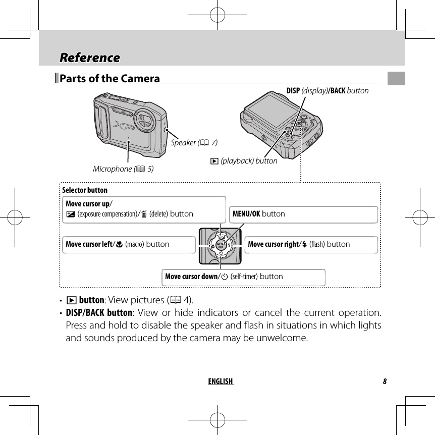 8ENGLISH Reference ReferenceParts of the CameraParts of the CameraSelector buttonMove cursor up/d (exposure compensation)/b (delete) button MENU/OK buttonMove cursor right/N ( ash) buttonMove cursor left/F (macro) buttonMove cursor down/h (self-timer) buttonDISP (display)/BACK buttona (playback) buttonMicrophone (P 5)Speaker (P 7)•  a button: View pictures (P 4).•  DISP/BACK button: View or hide indicators or cancel the current operation. Press and hold to disable the speaker and  ash in situations in which lights and sounds produced by the camera may be unwelcome.