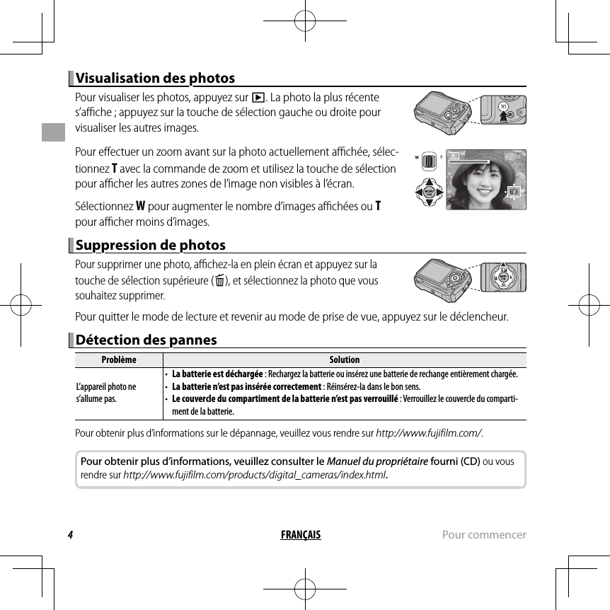 4FRANÇAIS Pour commencerVisualisation des photosVisualisation des photosPour visualiser les photos, appuyez sur a. La photo la plus récente s’aﬃ  che ; appuyez sur la touche de sélection gauche ou droite pour visualiser les autres images.Pour eﬀ ectuer un zoom avant sur la photo actuellement aﬃ  chée, sélec-tionnez T avec la commande de zoom et utilisez la touche de sélection pour aﬃ  cher les autres zones de l’image non visibles à l’écran.Sélectionnez W pour augmenter le nombre d’images aﬃ  chées ou T pour aﬃ  cher moins d’images.Suppression de photosSuppression de photosPour supprimer une photo, aﬃ  chez-la en plein écran et appuyez sur la touche de sélection supérieure (b), et sélectionnez la photo que vous souhaitez supprimer.Pour quitter le mode de lecture et revenir au mode de prise de vue, appuyez sur le déclencheur.Détection des pannesDétection des pannesProblèmeProblèmeSolutionSolutionL’appareil photo ne L’appareil photo ne s’allume pas.s’allume pas.• • La batterie est déchargéeLa batterie est déchargée : Rechargez la batterie ou insérez une batterie de rechange entièrement chargée. : Rechargez la batterie ou insérez une batterie de rechange entièrement chargée.• • La batterie n’est pas insérée correctementLa batterie n’est pas insérée correctement : Réinsérez-la dans le bon sens. : Réinsérez-la dans le bon sens.• • Le couvercle du compartiment de la batterie n’est pas verrouilléLe couvercle du compartiment de la batterie n’est pas verrouillé : Verrouillez le couvercle du comparti- : Verrouillez le couvercle du comparti-ment de la batterie.ment de la batterie.Pour obtenir plus d’informations sur le dépannage, veuillez vous rendre sur http://www.fujifilm.com/.Pour obtenir plus d’informations, veuillez consulter le Manuel du propriétaire fourni (CD) ou vous rendre sur http://www.fujifilm.com/products/digital_cameras/index.html.