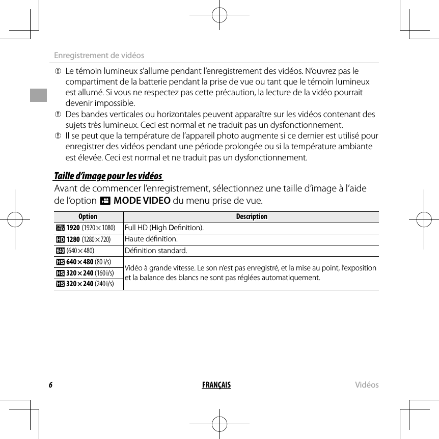 6FRANÇAIS  VidéosEnregistrement de vidéos QLe témoin lumineux s’allume pendant l’enregistrement des vidéos. N’ouvrez pas le compartiment de la batterie pendant la prise de vue ou tant que le témoin lumineux est allumé. Si vous ne respectez pas cette précaution, la lecture de la vidéo pourrait devenir impossible. QDes bandes verticales ou horizontales peuvent apparaître sur les vidéos contenant des sujets très lumineux. Ceci est normal et ne traduit pas un dysfonctionnement. QIl se peut que la température de l’appareil photo augmente si ce dernier est utilisé pour enregistrer des vidéos pendant une période prolongée ou si la température ambiante est élevée. Ceci est normal et ne traduit pas un dysfonctionnement.Taille d’image pour les vidéosTaille d’image pour les vidéosAvant de commencer l’enregistrement, sélectionnez une taille d’image à l’aide de l’option W MODE VIDEO du menu prise de vue.OptionOptionDescriptionDescription i 1920 (1920 × 1080)Full HD (High De nition). h 1280 (1280 × 720)Haute dé nition. f ( 640 × 480)Dé nition standard. k 640 × 480 (80 i/s)Vidéo à grande vitesse. Le son n’est pas enregistré, et la mise au point, l’exposition et la balance des blancs ne sont pas réglées automatiquement. k 320 × 240 (160 i/s) k 320 × 240 (240 i/s)