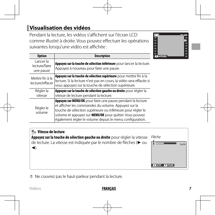 7FRANÇAIS VidéosVisualisation des vidéosVisualisation des vidéosPendant la lecture, les vidéos s&apos;a  chent sur l&apos;écran LCD comme illustré à droite. Vous pouvez e ectuer les opérations suivantes lorsqu&apos;une vidéo est a  chée :OptionOptionDescriptionDescriptionLancer la Lancer la lecture/faire lecture/faire une pauseune pauseAppuyez sur la touche de sélection inférieure pour lancer la lecture. Appuyez à nouveau pour faire une pause.Mettre  n à la Mettre  n à la lecture/e acerlecture/e acerAppuyez sur la touche de sélection supérieure pour mettre  n à la lecture. Si la lecture n&apos;est pas en cours, la vidéo sera e acée si vous appuyez sur la touche de sélection supérieure.Régler la Régler la vitessevitesseAppuyez sur la touche de sélection gauche ou droite pour régler la vitesse de lecture pendant la lecture.Régler le Régler le volumevolumeAppuyez sur MENU/OK pour faire une pause pendant la lecture et a  cher les commandes du volume. Appuyez sur la touche de sélection supérieure ou inférieure pour régler le volume et appuyez sur MENU/OK pour quitter. Vous pouvez également régler le volume depuis le menu con guration.AFFICHER100-006100-006  Vitesse de lecture  Vitesse de lectureAppuyez sur la touche de sélection gauche ou droite pour régler la vitesse de lecture. La vitesse est indiquée par le nombre de  èches (M ou N).FlècheSTOP PAUSE5m42s5m42s Q Ne couvrez pas le haut-parleur pendant la lecture.