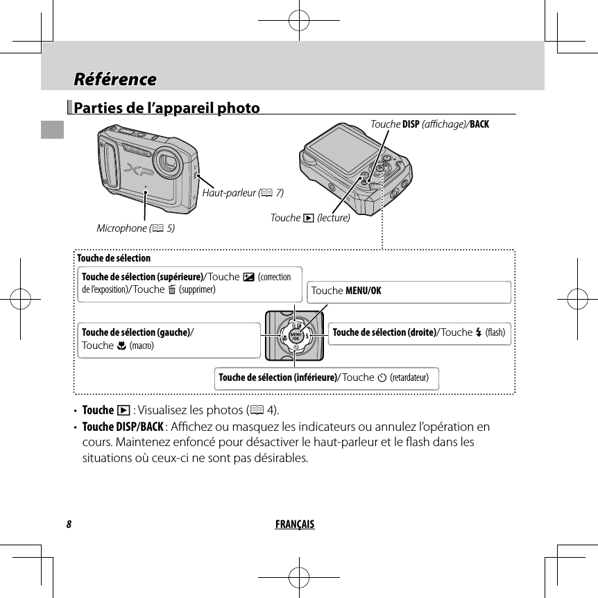 8FRANÇAISRéférenceRéférenceParties de l’appareil photoParties de l’appareil photoTouche de sélectionTouche de sélection (supérieure)/ Touche  d (correction de l’exposition)/ Touche  b (supprimer)Touche MENU/OKTouche de sélection (droite)/ Touche  N ( ash)Touche de sélection (gauche)/Touche F (macro)Touche de sélection (inférieure)/ Touche h (retardateur)Touche DISP (a  chage)/BACKTouche a (lecture)Microphone (P 5)Haut-parleur (P 7)•  Touche a : Visualisez les photos (P 4).•  Touche DISP/BACK : A  chez ou masquez les indicateurs ou annulez l’opération en cours. Maintenez enfoncé pour désactiver le haut-parleur et le  ash dans les situations où ceux-ci ne sont pas désirables.