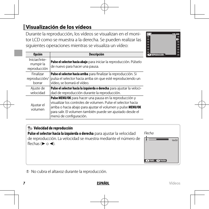 7ESPAÑOL VídeosVisualización de los vídeosVisualización de los vídeosDurante la reproducción, los vídeos se visualizan en el moni-tor LCD como se muestra a la derecha. Se pueden realizar las siguientes operaciones mientras se visualiza un vídeo:OpciónOpciónDescripciónDescripciónIniciar/inte-Iniciar/inte-rrumpir la rrumpir la reproducciónreproducciónPulse el selector hacia abajo para iniciar la reproducción. Púlselo de nuevo para hacer una pausa.Finalizar Finalizar reproducción/reproducción/borrarborrarPulse el selector hacia arriba para  nalizar la reproducción. Si pulsa el selector hacia arriba sin que esté reproduciendo un vídeo, se borrará el vídeo.Ajuste de Ajuste de velocidadvelocidadPulse el selector hacia la izquierda o derecha para ajustar la veloci-dad de reproducción durante la reproducción.Ajustar el Ajustar el volumenvolumenPulse MENU/OK para hacer una pausa en la reproducción y visualizar los controles de volumen. Pulse el selector hacia arriba o hacia abajo para ajustar el volumen y pulse MENU/OK para salir. El volumen también puede ser ajustado desde el menú de con guración.REPRODUCCIÓN100-006100-006  Velocidad de reproducción  Velocidad de reproducciónPulse el selector hacia la izquierda o derecha para ajustar la velocidad de reproducción. La velocidad se muestra mediante el número de  echas (M o N).FlechaPARO PAUSA5m42s5m42s Q No cubra el altavoz durante la reproducción.