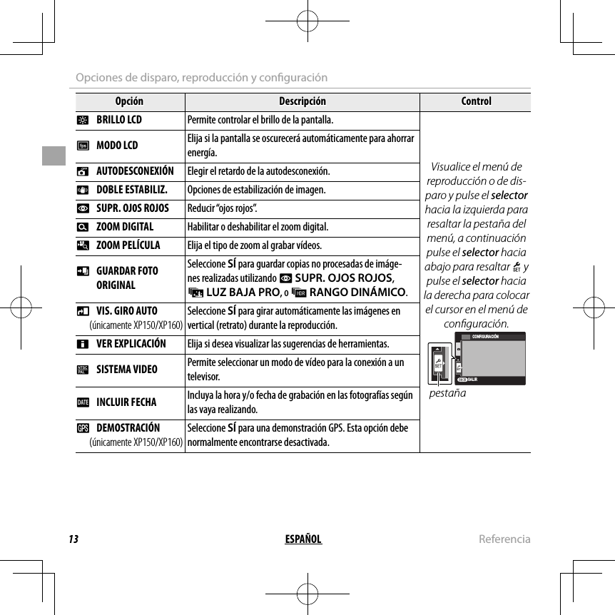 13 ESPAÑOL ReferenciaOpciones de disparo, reproducción y con guraciónOpciónOpciónDescripciónDescripciónControlControlJJ  BRILLO LCD BRILLO LCDPermite controlar el brillo de la pantalla.Permite controlar el brillo de la pantalla.Visualice el menú de reproducción o de dis-paro y pulse el selector hacia la izquierda para resaltar la pestaña del menú, a continuación pulse el selector hacia abajo para resaltar X y pulse el selector hacia la derecha para colocar el cursor en el menú de con guración.SALIRCONFIGURACIÓNpestañaEE  MODO LCD MODO LCD Elija si la pantalla se oscurecerá automáticamente para ahorrar energía.MM  AUTODESCONEXIÓN AUTODESCONEXIÓNElegir el retardo de la autodesconexión.Elegir el retardo de la autodesconexión.LL  DOBLE ESTABILIZ. DOBLE ESTABILIZ.Opciones de estabilización de imagen.Opciones de estabilización de imagen.BB  SUPR. OJ0S ROJOS  SUPR. OJ0S ROJOSReducir “ojos rojos”.Reducir “ojos  rojos”.DD  ZOOM DIGITAL ZOOM DIGITALHabilitar o deshabilitar el zoom digital.Habilitar o deshabilitar el zoom digital.pp  ZOOM PELÍCULA ZOOM PELÍCULAElija el tipo de zoom al grabar vídeos.Elija el tipo de zoom al grabar vídeos. t t  GUARDAR FOTO  GUARDAR FOTO ORIGINALORIGINALSeleccione SÍ para guardar copias no procesadas de imáge-nes realizadas utilizando B SUPR. OJOS ROJOS, j LUZ BAJA PRO, o k RANGO DINÁMICO.mm  VIS. GIRO AUTO  VIS. GIRO AUTO(únicamente XP150/XP160)(únicamente XP150/XP160)Seleccione Seleccione SÍSÍ para girar automáticamente las imágenes en  para girar automáticamente las imágenes en vertical (retrato) durante la reproducción.vertical (retrato) durante la reproducción.cc  VER EXPLICACIÓN VER EXPLICACIÓNElija si desea visualizar las sugerencias de herramientas.Elija si desea visualizar las sugerencias de herramientas.QQ  SISTEMA VIDEO SISTEMA VIDEOPermite seleccionar un modo de vídeo para la conexión a un Permite seleccionar un modo de vídeo para la conexión a un televisor.televisor. U U  INCLUIR FECHA INCLUIR FECHA Incluya la hora y/o fecha de grabación en las fotografías según las vaya realizando.RR  DEMOSTRACIÓN DEMOSTRACIÓN(únicamente XP150/XP160)(únicamente XP150/XP160)Seleccione SÍ para una demonstración GPS. Esta opción debe normalmente encontrarse desactivada.