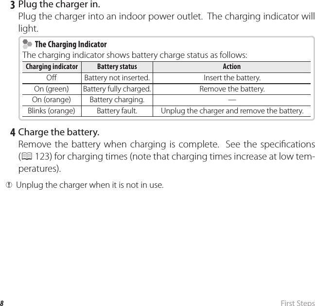 8 First  StepsCharging the Battery 3 Plug the charger in.Plug the charger into an indoor power outlet.  The charging indicator will light.  The Charging Indicator  The Charging IndicatorThe charging indicator shows battery charge status as follows:Charging indicatorCharging indicator Battery statusBattery status ActionActionO O Battery not inserted.Battery not inserted. Insert the battery.Insert the battery.On (green)On (green) Battery fully charged.Battery fully charged. Remove the battery.Remove the battery.On (orange)On (orange) Battery charging.Battery charging. ——Blinks (orange)Blinks (orange) Battery fault.Battery fault. Unplug the charger and remove the battery.Unplug the charger and remove the battery. 4 Charge the battery.Remove the battery when charging is complete.  See the speci cations (P 123) for charging times (note that charging times increase at low tem-peratures). QUnplug the charger when it is not in use.