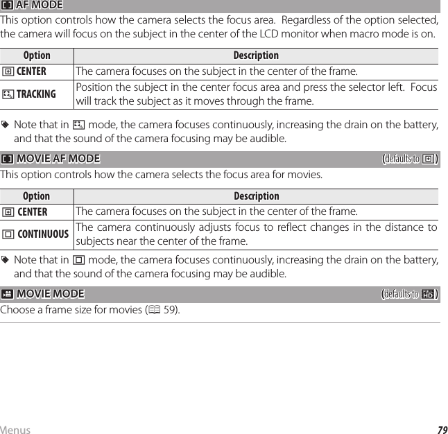 79MenusUsing the Menus: Shooting Mode F F AF MODE AF MODEThis option controls how the camera selects the focus area.  Regardless of the option selected, the camera will focus on the subject in the center of the LCD monitor when macro mode is on.OptionOptionDescriptionDescriptionr CENTER The camera focuses on the subject in the center of the frame.x TRACKING Position the subject in the center focus area and press the selector left.  Focus will track the subject as it moves through the frame.  RRNote that in Note that in xx mode, the camera focuses continuously, increasing the drain on the battery,  mode, the camera focuses continuously, increasing the drain on the battery, and that the sound of the camera focusing may be audible.  and that the sound of the camera focusing may be audible.   F FMOVIE AF MODEMOVIE AF MODE((defaults to defaults to rr))This option controls how the camera selects the focus area for movies.OptionOptionDescriptionDescriptionr CENTER The camera focuses on the subject in the center of the frame.u CONTINUOUS The camera continuously adjusts focus to re ect changes in the distance to subjects near the center of the frame.  RRNote that in Note that in uu mode, the camera focuses continuously, increasing the drain on the battery,  mode, the camera focuses continuously, increasing the drain on the battery, and that the sound of the camera focusing may be audible.and that the sound of the camera focusing may be audible. W W MOVIE MODE MOVIE MODE((defaults to defaults to ii))Choose a frame size for movies (P 59).