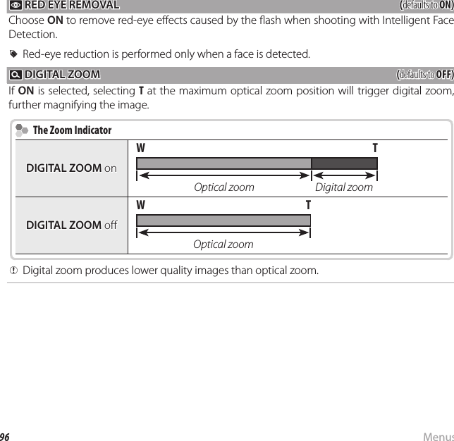 96 MenusThe Setup Menu B B RED EYE REMOVAL RED EYE REMOVAL((defaults to defaults to ON)ON)Choose ON to remove red-eye e ects caused by the  ash when shooting with Intelligent Face Detection.  RRRed-eye reduction is performed only when a face is detected.Red-eye reduction is performed only when a face is detected.DD DIGITAL ZOOM DIGITAL ZOOM((defaults to defaults to OFF)OFF)If ON is selected, selecting T at the maximum optical zoom position will trigger digital zoom, further magnifying the image.  The Zoom Indicator  The Zoom IndicatorDIGITAL ZOOMDIGITAL ZOOM on onW TOptical zoom Digital zoomDIGITAL ZOOMDIGITAL ZOOM o  o WTOptical zoom  QQDigital zoom produces lower quality images than optical zoom.Digital zoom produces lower quality images than optical zoom.
