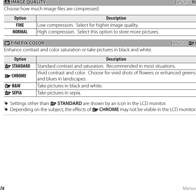 76 MenusUsing the Menus: Shooting Mode T T IMAGE QUALITY IMAGE QUALITY((defaults to defaults to N)N)Choose how much image  les are compressed.OptionOptionDescriptionDescriptionFINEFINE Low compression.  Select for higher image quality.NORMALNORMAL High compression.  Select this option to store more pictures. P P FINEPIX COLOR FINEPIX COLOR((defaults to defaults to cc))Enhance contrast and color saturation or take pictures in black and white.OptionOptionDescriptionDescriptioncc STANDARD STANDARD Standard contrast and saturation.  Recommended in most situations.aa CHROME CHROME Vivid contrast and color.  Choose for vivid shots of  owers or enhanced greens and blues in landscapes.bb B&amp;W B&amp;W Take pictures in black and white.ff SEPIA SEPIA Take pictures in sepia.  RRSettings other than Settings other than cc  STANDARDSTANDARD are shown by an icon in the LCD monitor. are shown by an icon in the LCD monitor.  RRDepending on the subject, the e ects of Depending on the subject, the e ects of aa  CHROMECHROME may not be visible in the LCD monitor. may not be visible in the LCD monitor.