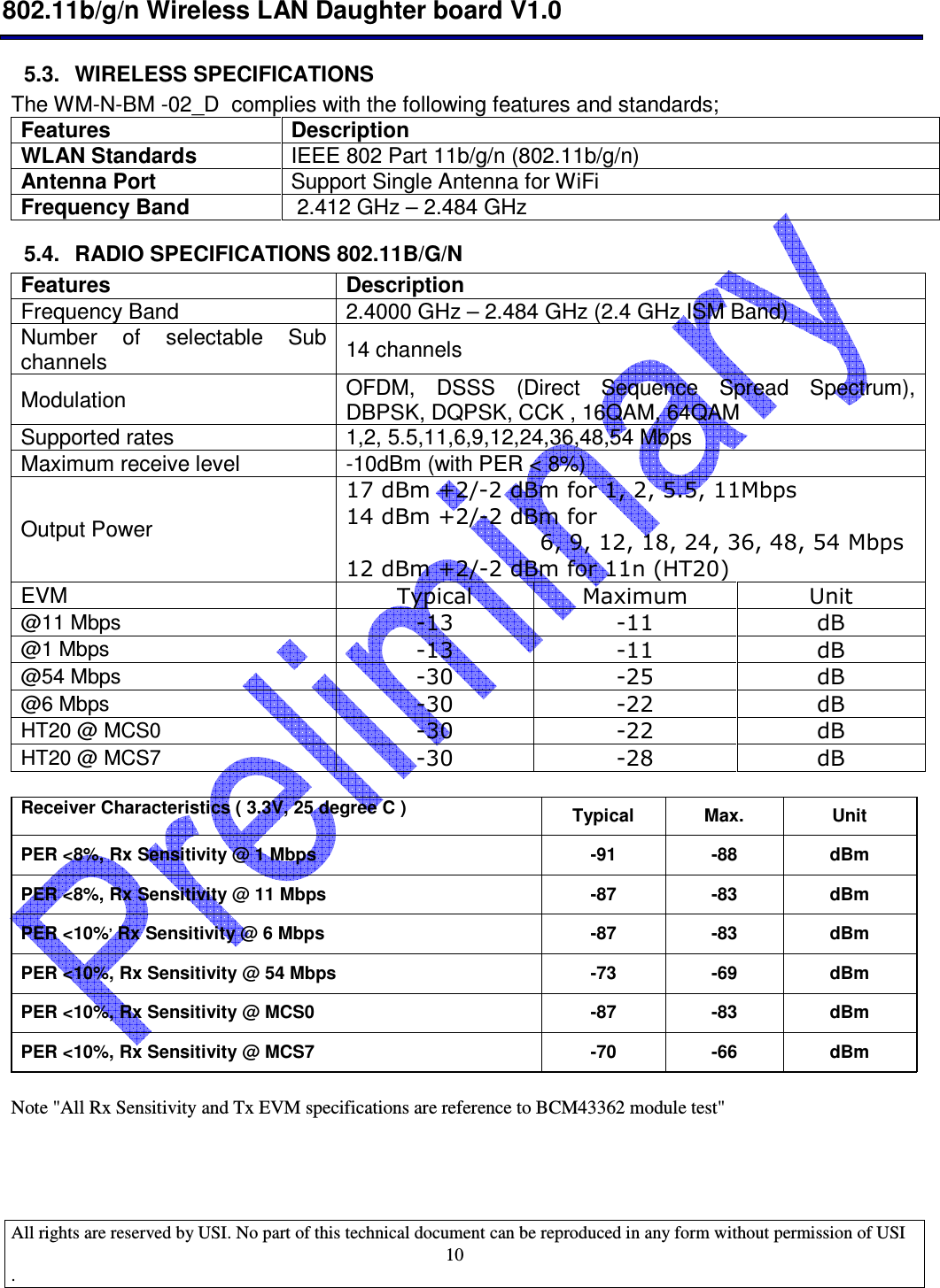  802.11b/g/n Wireless LAN Daughter board V1.0  All rights are reserved by USI. No part of this technical document can be reproduced in any form without permission of USI .                                    105.3.  WIRELESS SPECIFICATIONS The WM-N-BM -02_D  complies with the following features and standards; Features Description WLAN Standards IEEE 802 Part 11b/g/n (802.11b/g/n) Antenna Port Support Single Antenna for WiFi Frequency Band   2.412 GHz – 2.484 GHz  5.4.  RADIO SPECIFICATIONS 802.11B/G/N Features Description Frequency Band  2.4000 GHz – 2.484 GHz (2.4 GHz ISM Band) Number  of  selectable  Sub channels  14 channels  Modulation  OFDM,  DSSS  (Direct  Sequence  Spread  Spectrum), DBPSK, DQPSK, CCK , 16QAM, 64QAM Supported rates  1,2, 5.5,11,6,9,12,24,36,48,54 Mbps Maximum receive level  -10dBm (with PER &lt; 8%) Output Power 17 dBm +2/-2 dBm for 1, 2, 5.5, 11Mbps 14 dBm +2/-2 dBm for  6, 9, 12, 18, 24, 36, 48, 54 Mbps 12 dBm +2/-2 dBm for 11n (HT20) EVM Typical Maximum Unit @11 Mbps -13 -11 dB @1 Mbps -13 -11 dB @54 Mbps -30 -25 dB @6 Mbps -30 -22 dB HT20 @ MCS0 -30 -22 dB HT20 @ MCS7 -30 -28 dB  Receiver Characteristics ( 3.3V, 25 degree C )  Typical  Max.  Unit PER &lt;8%, Rx Sensitivity @ 1 Mbps  -91  -88  dBm PER &lt;8%, Rx Sensitivity @ 11 Mbps  -87  -83  dBm PER &lt;10%, Rx Sensitivity @ 6 Mbps  -87  -83  dBm PER &lt;10%, Rx Sensitivity @ 54 Mbps  -73  -69  dBm PER &lt;10%, Rx Sensitivity @ MCS0  -87  -83  dBm PER &lt;10%, Rx Sensitivity @ MCS7  -70  -66  dBm  Note &quot;All Rx Sensitivity and Tx EVM specifications are reference to BCM43362 module test&quot;   