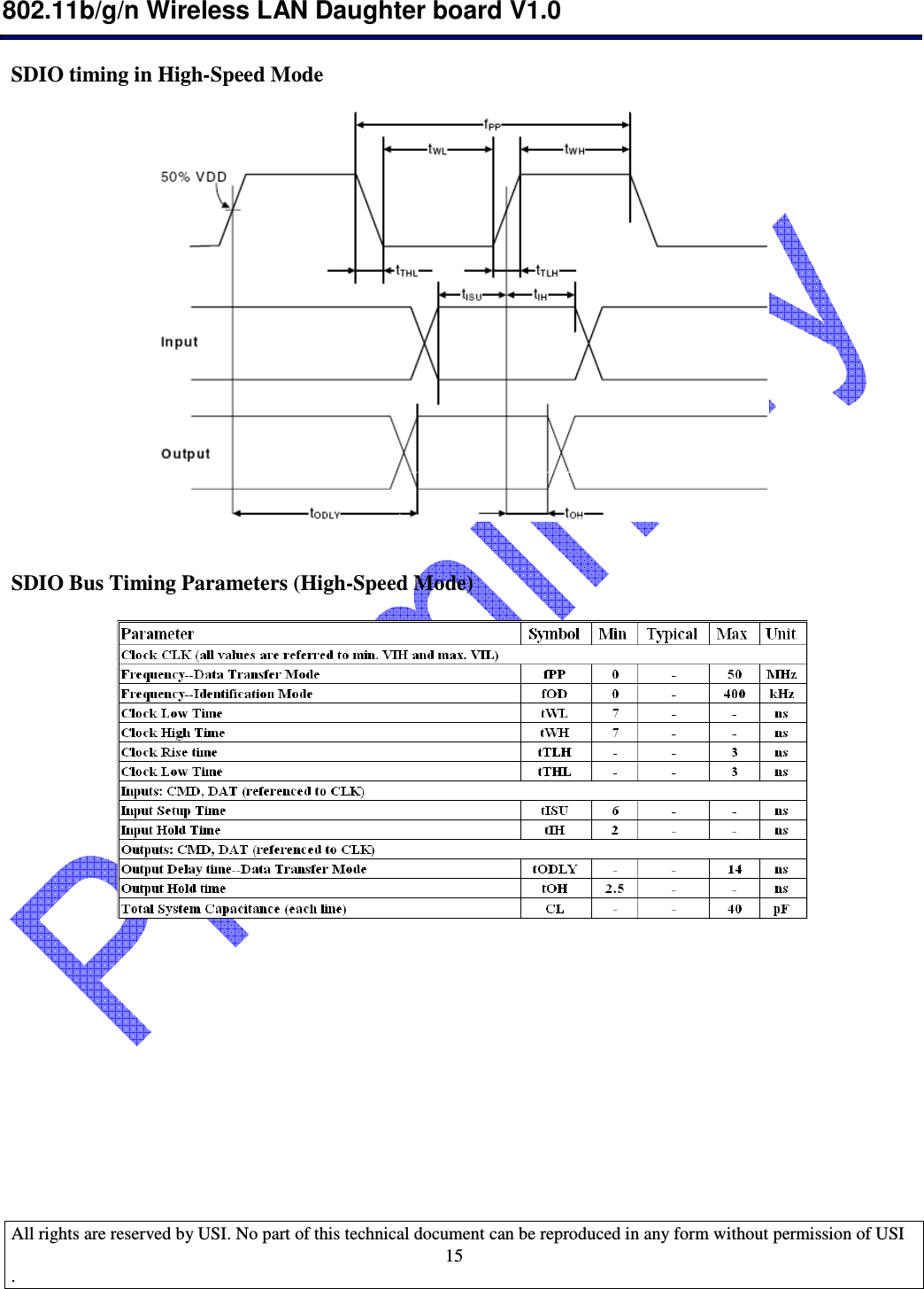  802.11b/g/n Wireless LAN Daughter board V1.0  All rights are reserved by USI. No part of this technical document can be reproduced in any form without permission of USI .                                    15SDIO timing in High-Speed Mode     SDIO Bus Timing Parameters (High-Speed Mode)              