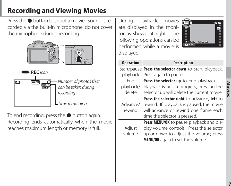 7MoviesPress the z button to shoot a movie.  Sound is re-corded via the built-in microphone; do not cover the microphone during recording.11REC999m59s999m59sFFNumber of photos that can be taken during recordingTime remainingy REC iconTo end recording, press the z button again.Recording ends automatically when the movie reaches maximum length or memory is full.During playback, movies are displayed in the moni-tor as shown at right.  The following operations can be performed while a movie is displayed:100-006100-00610 : 00  AM10 : 00  AM12/31/205012/31/2050PLAYOperationOperationDescriptionDescriptionStart/pause playbackPress the selector down to start playback.  Press again to pause.End playback/deletePress the selector up to end playback.  If playback is not in progress, pressing the selector up will delete the current movie.Advance/rewindPress the selector right to advance, left to rewind.  If  playback is paused, the movie will advance or rewind one frame each time the selector is pressed. Adjust volumePress MENU/OK to pause playback and dis-play volume controls.  Press the selector up or down to adjust the volume; press MENU/OK again to set the volume. Recording and Viewing MoviesMovies