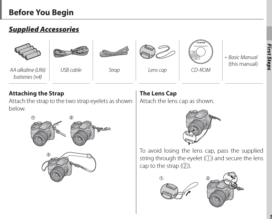 First Steps1Before You BeginSupplied AccessoriesSupplied Accessories• Basic Manual (this manual)AA alkaline (LR6) batteries (×4)USB cable Strap Lens cap CD-ROMAttaching the StrapAttaching the StrapAttach the strap to the two strap eyelets as shown below.The Lens CapThe Lens CapAttach the lens cap as shown.To avoid losing the lens cap, pass the supplied string through the eyelet (q) and secure the lens cap to the strap (w).First Steps