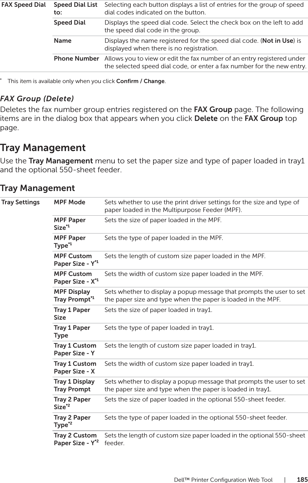 Dell™ Printer Configuration Web Tool |185*This item is available only when you click Confirm / Change.FAX Group (Delete)Deletes the fax number group entries registered on the FAX Group page. The following items are in the dialog box that appears when you click Delete on the FAX Group top page.Tray ManagementUse the Tray Management menu to set the paper size and type of paper loaded in tray1 and the optional 550-sheet feeder.Tray ManagementFAX Speed Dial Speed Dial List to:Selecting each button displays a list of entries for the group of speed dial codes indicated on the button.Speed Dial Displays the speed dial code. Select the check box on the left to add the speed dial code in the group.Name Displays the name registered for the speed dial code. (Not in Use) is displayed when there is no registration.Phone Number Allows you to view or edit the fax number of an entry registered under the selected speed dial code, or enter a fax number for the new entry.Tray Settings MPF Mode Sets whether to use the print driver settings for the size and type of paper loaded in the Multipurpose Feeder (MPF).MPF Paper Size*1Sets the size of paper loaded in the MPF.MPF Paper Type*1Sets the type of paper loaded in the MPF.MPF Custom Paper Size - Y*1Sets the length of custom size paper loaded in the MPF.MPF Custom Paper Size - X*1Sets the width of custom size paper loaded in the MPF.MPF Display Tray Prompt*1Sets whether to display a popup message that prompts the user to set the paper size and type when the paper is loaded in the MPF.Tray 1 Paper SizeSets the size of paper loaded in tray1.Tray 1 Paper TypeSets the type of paper loaded in tray1.Tray 1 Custom Paper Size - YSets the length of custom size paper loaded in tray1.Tray 1 Custom Paper Size - XSets the width of custom size paper loaded in tray1.Tray 1 Display Tray PromptSets whether to display a popup message that prompts the user to set the paper size and type when the paper is loaded in tray1.Tray 2 Paper Size*2Sets the size of paper loaded in the optional 550-sheet feeder.Tray 2 Paper Type*2Sets the type of paper loaded in the optional 550-sheet feeder.Tray 2 Custom Paper Size - Y*2Sets the length of custom size paper loaded in the optional 550-sheet feeder.