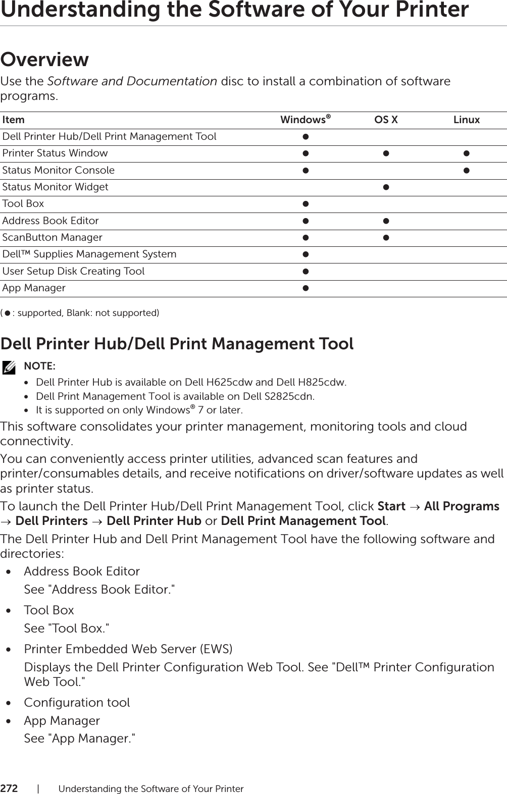 272| Understanding the Software of Your PrinterUnderstanding the Software of Your PrinterOverviewUse the Software and Documentation disc to install a combination of software programs.( : supported, Blank: not supported)Dell Printer Hub/Dell Print Management ToolNOTE:•Dell Printer Hub is available on Dell H625cdw and Dell H825cdw.•Dell Print Management Tool is available on Dell S2825cdn.•It is supported on only Windows® 7 or later.This software consolidates your printer management, monitoring tools and cloud connectivity.You can conveniently access printer utilities, advanced scan features and printer/consumables details, and receive notifications on driver/software updates as well as printer status.To launch the Dell Printer Hub/Dell Print Management Tool, click Start  All Programs  Dell Printers  Dell Printer Hub or Dell Print Management Tool.The Dell Printer Hub and Dell Print Management Tool have the following software and directories:•Address Book EditorSee &quot;Address Book Editor.&quot;•Tool BoxSee &quot;Tool Box.&quot;•Printer Embedded Web Server (EWS)Displays the Dell Printer Configuration Web Tool. See &quot;Dell™ Printer Configuration Web Tool.&quot;•Configuration tool•App ManagerSee &quot;App Manager.&quot;Item Windows®OS X LinuxDell Printer Hub/Dell Print Management Tool   Printer Status Window    Status Monitor Console   Status Monitor Widget  Tool Box  Address Book Editor   ScanButton Manager   Dell™ Supplies Management System  User Setup Disk Creating Tool  App Manager  