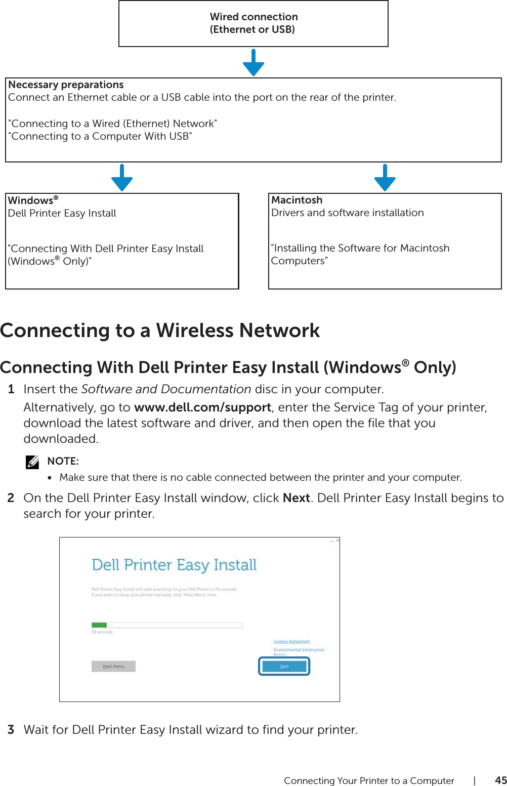 Connecting Your Printer to a Computer |45Connecting to a Wireless NetworkConnecting With Dell Printer Easy Install (Windows® Only)1Insert the Software and Documentation disc in your computer.Alternatively, go to www.dell.com/support, enter the Service Tag of your printer, download the latest software and driver, and then open the file that you downloaded.NOTE:•Make sure that there is no cable connected between the printer and your computer.2On the Dell Printer Easy Install window, click Next. Dell Printer Easy Install begins to search for your printer.3Wait for Dell Printer Easy Install wizard to find your printer.Wired connection(Ethernet or USB)Necessary preparationsConnect an Ethernet cable or a USB cable into the port on the rear of the printer.&quot;Connecting to a Wired (Ethernet) Network&quot;&quot;Connecting to a Computer With USB&quot;Windows®Dell Printer Easy InstallMacintoshDrivers and software installation&quot;Connecting With Dell Printer Easy Install (Windows® Only)&quot;&quot;Installing the Software for Macintosh Computers&quot;