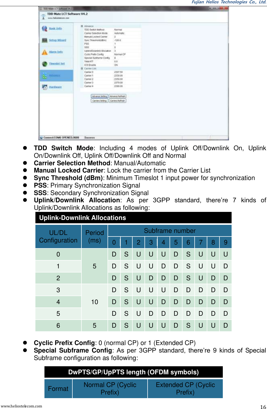 Fujian  Helios  Technologies  Co.,  Ltd. www.heliostelecom.com 16   TDD  Switch  Mode:  Including  4  modes  of  Uplink  Off/Downlink  On,  Uplink On/Downlink Off, Uplink Off/Downlink Off and Normal  Carrier Selection Method: Manual/Automatic  Manual Locked Carrier: Lock the carrier from the Carrier List  Sync Threshold (dBm): Minimum Timeslot 1 input power for synchronization  PSS: Primary Synchronization Signal  SSS: Secondary Synchronization Signal  Uplink/Downlink  Allocation:  As  per  3GPP  standard,  there’re  7  kinds  of Uplink/Downlink Allocations as following: Uplink-Downlink Allocations UL/DL Configuration Period (ms) Subframe number 0 1 2 3 4 5 6 7 8 9 0 5 D S U U U D S U U U 1 D S U U D D S U U D 2 D S U D D D S U D D 3 10 D S U U U D D D D D 4 D S U U D D D D D D 5 D S U D D D D D D D 6 5 D S U U U D S U U D   Cyclic Prefix Config: 0 (normal CP) or 1 (Extended CP)  Special  Subframe  Config:  As  per  3GPP  standard,  there’re  9  kinds  of  Special Subframe configuration as following: DwPTS/GP/UpPTS length (OFDM symbols) Format Normal CP (Cyclic Prefix) Extended CP (Cyclic Prefix) 