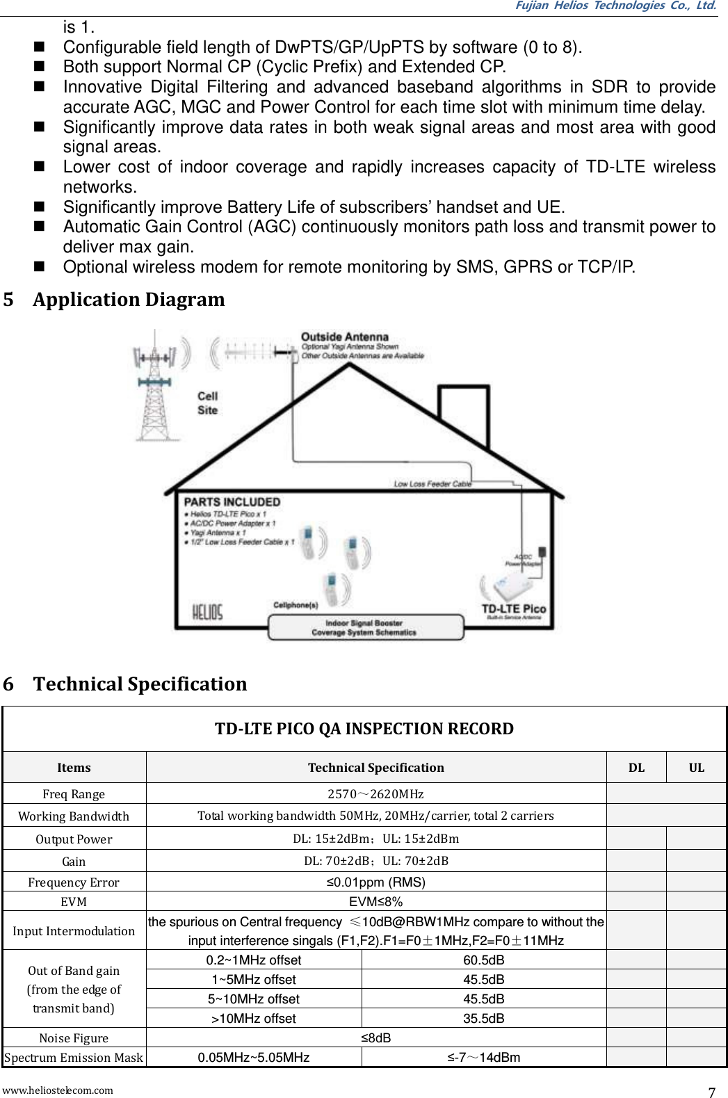 Fujian  Helios  Technologies  Co.,  Ltd. www.heliostelecom.com 7 is 1.   Configurable field length of DwPTS/GP/UpPTS by software (0 to 8).   Both support Normal CP (Cyclic Prefix) and Extended CP.   Innovative  Digital  Filtering  and  advanced  baseband  algorithms  in  SDR  to  provide accurate AGC, MGC and Power Control for each time slot with minimum time delay.   Significantly improve data rates in both weak signal areas and most area with good signal areas.   Lower  cost  of  indoor  coverage  and  rapidly  increases  capacity  of  TD-LTE  wireless networks.  Significantly improve Battery Life of subscribers’ handset and UE.   Automatic Gain Control (AGC) continuously monitors path loss and transmit power to deliver max gain.   Optional wireless modem for remote monitoring by SMS, GPRS or TCP/IP. 5 Application Diagram  6 Technical Specification TD-LTE PICO QA INSPECTION RECORD Items Technical Specification DL UL Freq Range 2570～2620MHz  Working Bandwidth Total working bandwidth 50MHz, 20MHz/carrier, total 2 carriers  Output Power DL: 15±2dBm；UL: 15±2dBm   Gain DL: 70±2dB；UL: 70±2dB   Frequency Error ≤0.01ppm (RMS)   EVM EVM≤8%   Input Intermodulation the spurious on Central frequency  ≤10dB@RBW1MHz compare to without the input interference singals (F1,F2).F1=F0±1MHz,F2=F0±11MHz   Out of Band gain (from the edge of transmit band) 0.2~1MHz offset 60.5dB   1~5MHz offset 45.5dB   5~10MHz offset 45.5dB   &gt;10MHz offset 35.5dB   Noise Figure ≤8dB   Spectrum Emission Mask 0.05MHz~5.05MHz ≤-7～14dBm   