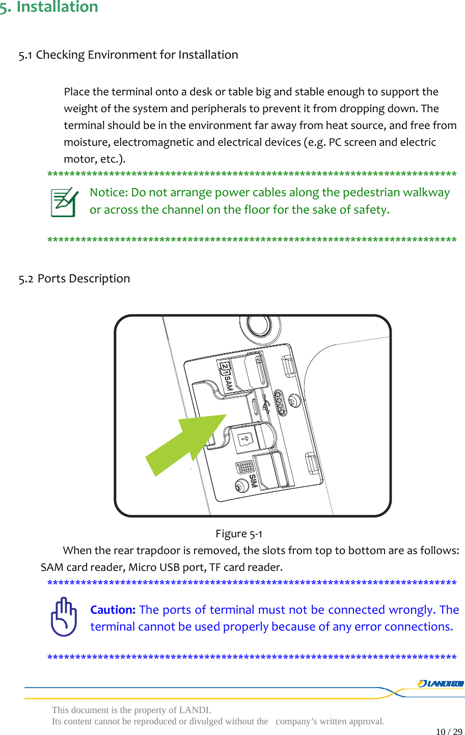  This document is the property of LANDI. Its content cannot be reproduced or divulged without  the company’s written approval.                                                                                        10 / 29   5. Installation5.1 CheckingEnvironmentforInstallationPlacetheterminalontoadeskortablebigandstableenoughtosupporttheweightofthesystemandperipheralstopreventitfromdroppingdown.Theterminalshouldbeintheenvironmentfarawayfromheatsource,andfreefrommoisture,electromagneticandelectricaldevices(e.g.PCscreenandelectricmotor,etc.).*************************************************************************Notice:Donotarrangepowercablesalongthepedestrianwalkwayoracrossthechannelonthefloorforthesakeofsafety.*************************************************************************5.2 PortsDescription Figure5‐1Whenthereartrapdoorisremoved,theslotsfromtoptobottomareasfollows:SAMcardreader,MicroUSBport,TFcardreader.*************************************************************************Caution:Theportsofterminalmustnotbeconnectedwrongly.Theterminalcannotbeusedproperlybecauseofanyerrorconnections.*************************************************************************