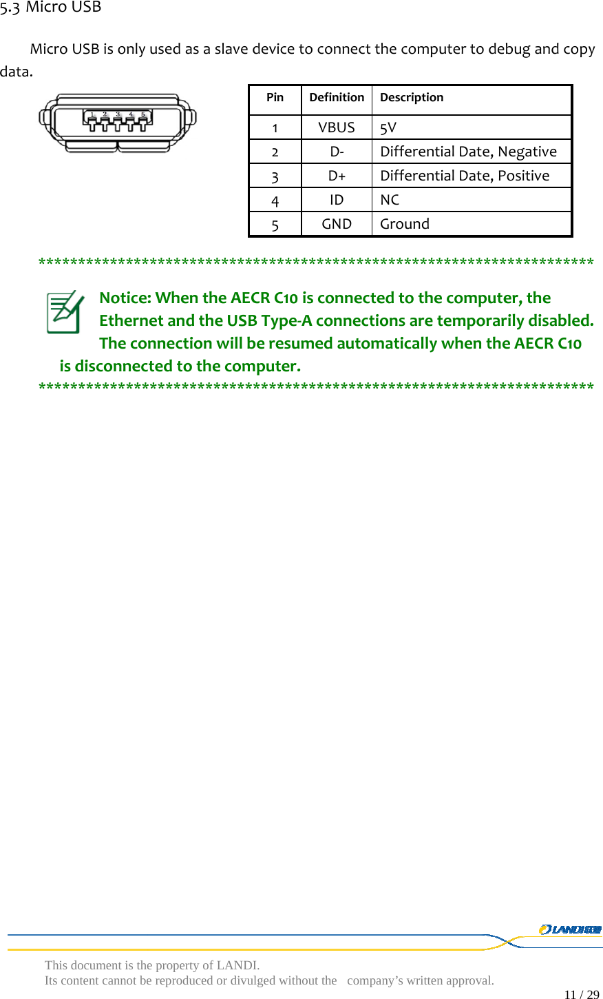  This document is the property of LANDI. Its content cannot be reproduced or divulged without  the company’s written approval.                                                                                        11 / 29   5.3 MicroUSBMicroUSBisonlyusedasaslavedevicetoconnectthecomputertodebugandcopydata.**********************************************************************Notice:WhentheAECRC10isconnectedtothecomputer,theEthernetandtheUSBType‐Aconnectionsaretemporarilydisabled.TheconnectionwillberesumedautomaticallywhentheAECRC10isdisconnectedtothecomputer.**********************************************************************PinDefinitionDescription1VBUS5V2D‐DifferentialDate,Negative3D+DifferentialDate,Positive4IDNC5GNDGround