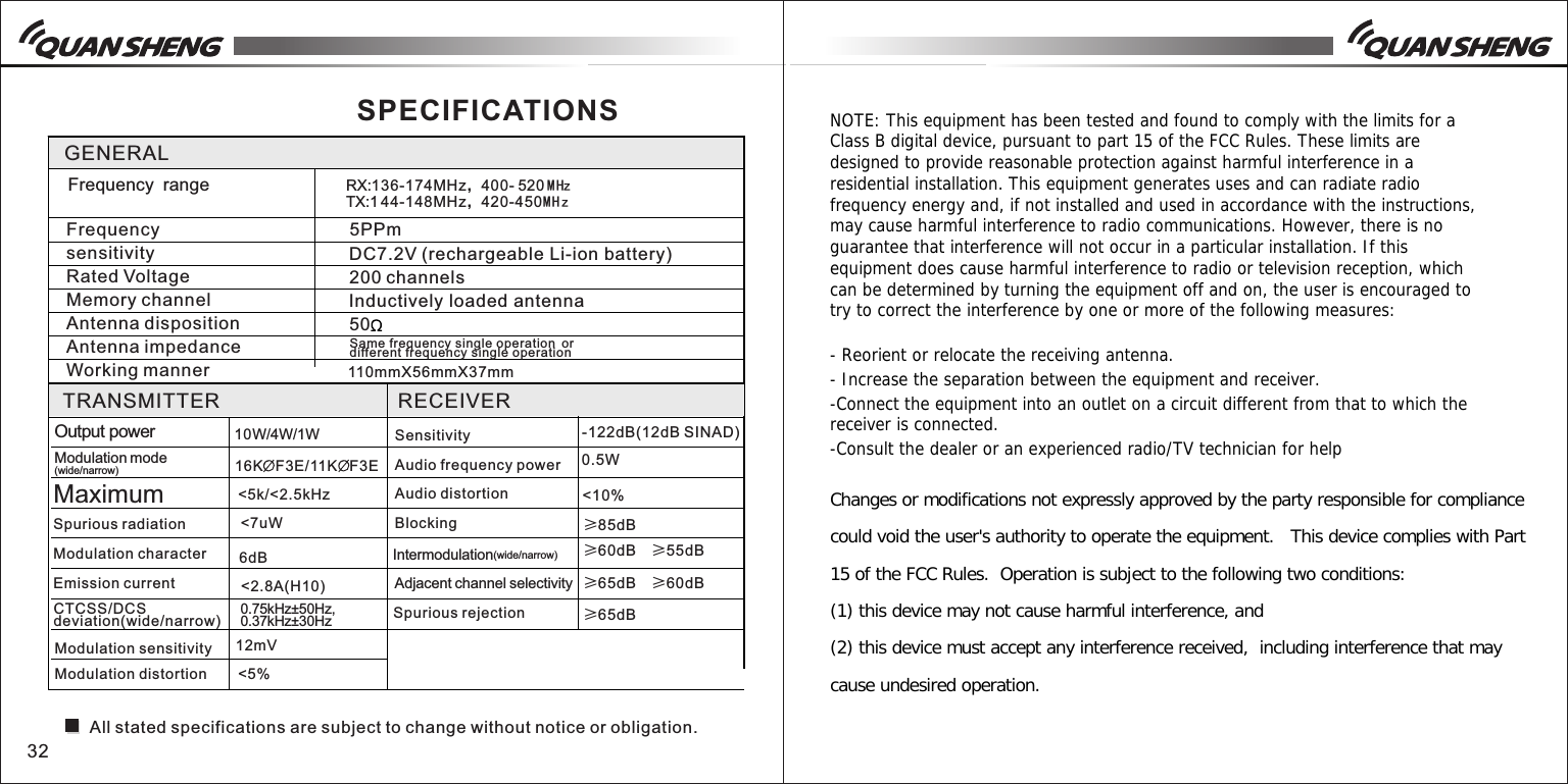 32RX:136-174MHz，400- 0 MHzGENERALFrequency sensitivityRated VoltageMemory channelAntenna dispositionAntenna impedanceWorking manner5PPmDC7.2V (rechargeableLi-ionbattery)Frequency  rangeSPECIFICATIONS110mmX56mmX37mm-122dB(12dB SINAD)&ge;60dB  &ge;55dB&ge;65dB  &ge;60dB 0.5W<10%&ge;85dB&ge;65dB200 channelsInductivelyloadedantennaSamefrequencysingleoperation ordifferentfrequencysingleoperation10W/4W/1W16K   F3E/11K   F3E<5k/<2.5kHz<7uW6dB<2.8A(H10)0.75kHz&plusmn;50Hz,0.37kHz&plusmn;30Hz12mVOutputpower<5%(wide/narrow)IntermodulationTRANSMITTER RECEIVERSpurious radiationModulation characterEmission currentSpurious rejectionSensitivityAudio frequency powerAudio distortionBlockingAdjacent channel selectivity50All stated specifications are subject to change without notice or obligation.Modulation mode(wide/narrow)Maximum CTCSS/DCSdeviation(wide/narrow)Modulation sensitivityModulation distortionTX:1 44-148MHz，420-450M H zNOTE: This equipment has been tested and found to comply with the limits for a Class B digital device, pursuant to part 15 of the FCC Rules. These limits are designed to provide reasonable protection against harmful interference in a residential installation. This equipment generates uses and can radiate radio frequency energy and, if not installed and used in accordance with the instructions, may cause harmful interference to radio communications. However, there is no guarantee that interference will not occur in a particular installation. If this equipment does cause harmful interference to radio or television reception, which can be determined by turning the equipment off and on, the user is encouraged to try to correct the interference by one or more of the following measures:   - Reorient or relocate the receiving antenna. - Increase the separation between the equipment and receiver. -Connect the equipment into an outlet on a circuit different from that to which the receiver is connected. -Consult the dealer or an experienced radio/TV technician for help  Changes or modifications not expressly approved by the party responsible for compliance  could void the user's authority to operate the equipment.   This device complies with Part 15 of the FCC Rules.  Operation is subject to the following two conditions:  (1) this device may not cause harmful interference, and  (2) this device must accept any interference received,  including interference that may cause undesired operation.  52
