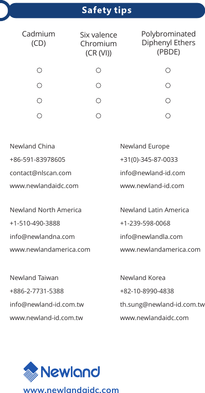 www.newlandaidc.comCadmium(CD)Six valence Chromium(CR (VI)) PolybrominatedDiphenyl Ethers(PBDE)Newland China+86-591-83978605contact@nlscan.comwww.newlandaidc.comNewland Europe+31(0)-345-87-0033 info@newland-id.comwww.newland-id.comNewland North America+1-510-490-3888info@newlandna.comwww.newlandamerica.comNewland Latin America+1-239-598-0068info@newlandla.comwww.newlandamerica.comNewland Taiwan+886-2-7731-5388 info@newland-id.com.twwww.newland-id.com.twNewland Korea+82-10-8990-4838 th.sung@newland-id.com.twwww.newlandaidc.com