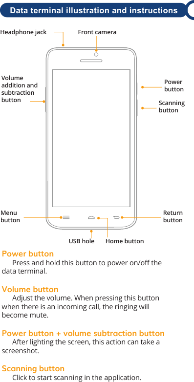 Power button      Press and hold this button to power on/oﬀ the data terminal.Volume button      Adjust the volume. When pressing this button when there is an incoming call, the ringing will become mute.Power button + volume subtraction button      After lighting the screen, this action can take a screenshot.Scanning button      Click to start scanning in the application.Headphone jack  Front camera PowerbuttonScanningbuttonReturnbuttonHome buttonUSB holeMenu buttonVolume addition and subtraction buttonData terminal illustration and instructions