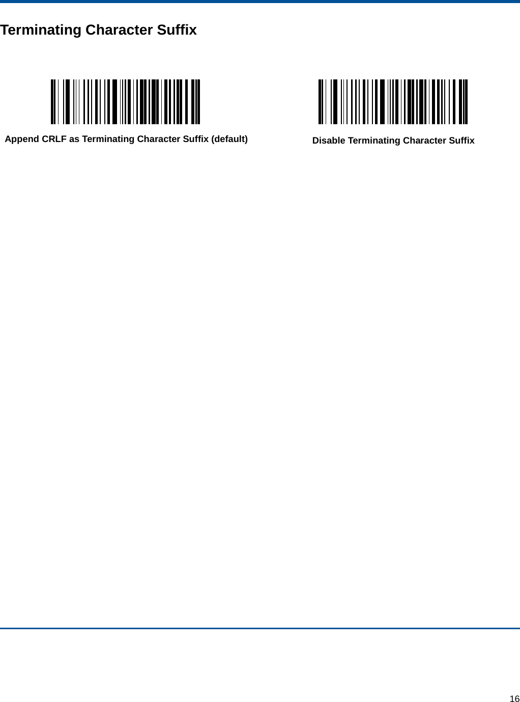  16 Terminating Character Suffix   Append CRLF as Terminating Character Suffix (default)  Disable Terminating Character Suffix    
