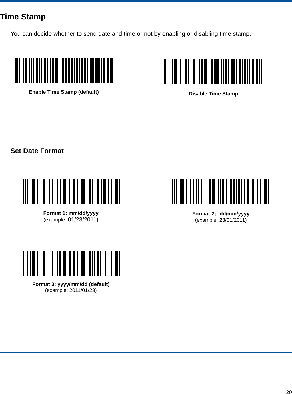  20 Time Stamp You can decide whether to send date and time or not by enabling or disabling time stamp.   Enable Time Stamp (default)  Disable Time Stamp     Set Date Format   Format 1: mm/dd/yyyy (example: 01/23/2011)  Format 2：dd/mm/yyyy (example: 23/01/2011)      Format 3: yyyy/mm/dd (default) (example: 2011/01/23)     