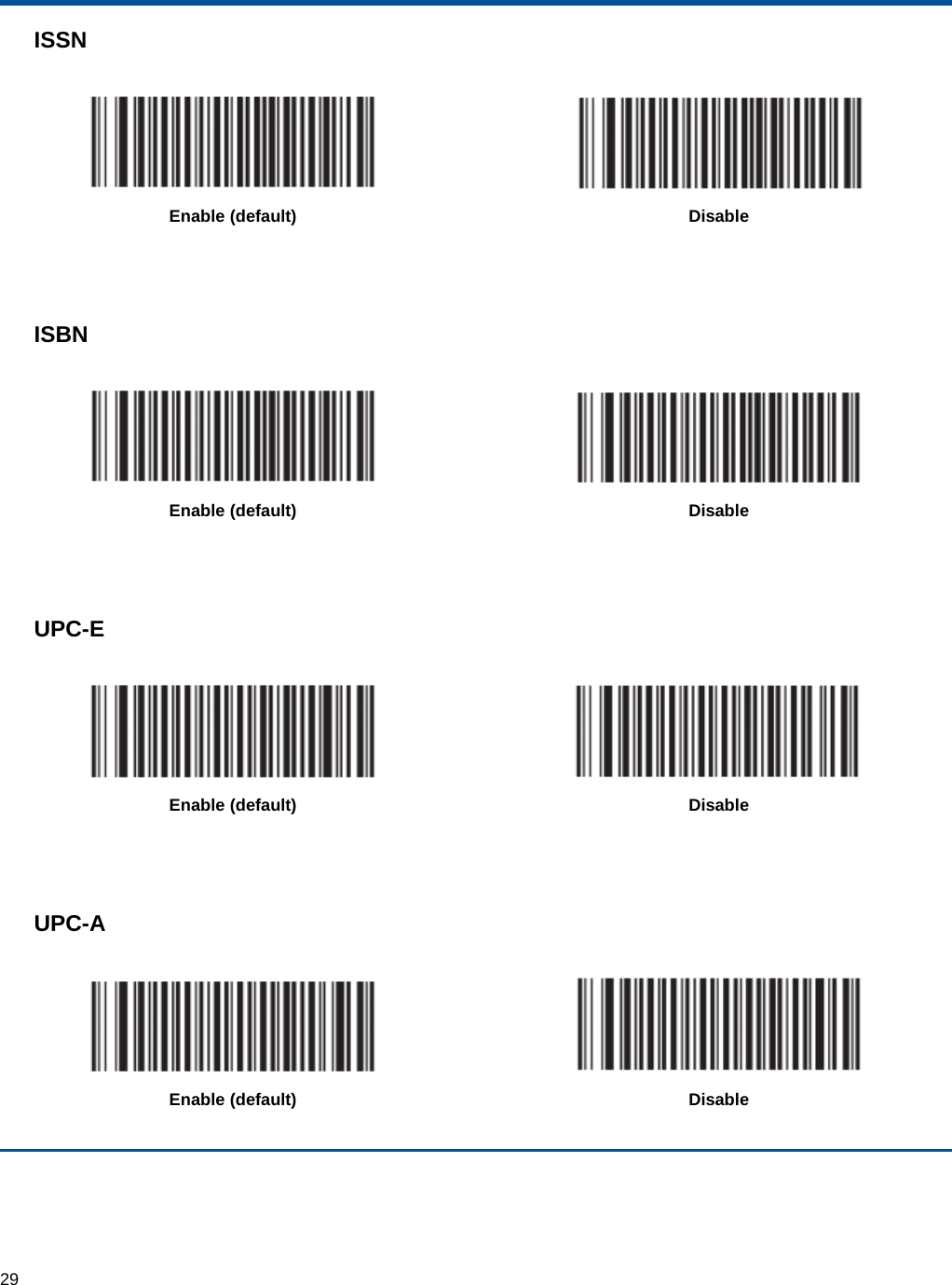  29 ISSN    Enable (default)  Disable    ISBN    Enable (default)  Disable    UPC-E    Enable (default)  Disable    UPC-A    Enable (default)  Disable  