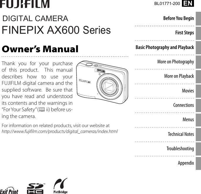 Fujifilm Ax650 Users Manual FINEPIX AX600 Series