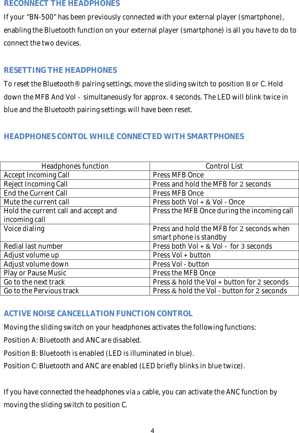 4RECONNECTTHEHEADPHONESIfyour&ldquo;BN-500&rdquo;hasbeenpreviouslyconnectedwithyourexternalplayer(smartphone),enablingtheBluetoothfunctiononyourexternalplayer(smartphone)isallyouhavetodotoconnectthetwodevices.RESETTINGTHEHEADPHONESToresettheBluetooth&reg;pairingsettings,movetheslidingswitchtopositionBorC.HolddowntheMFBAndVol-simultaneouslyforapprox.4seconds.TheLEDwillblinktwiceinblueandtheBluetoothpairingsettingswillhavebeenreset.HEADPHONESCONTOLWHILECONNECTEDWITHSMARTPHONESHeadphonesfunctionControlListAcceptIncomingCallPressMFBOnceRejectIncomingCallPressandholdtheMFBfor2secondsEndtheCurrentCallPressMFBOnceMutethecurrentcallPressbothVol+&amp;Vol-OnceHoldthecurrentcallandacceptandincomingcallPresstheMFBOnceduringtheincomingcallVoicedialingPressandholdtheMFBfor2secondswhensmartphoneisstandbyRediallastnumberPressbothVol+&amp;Vol-for3secondsAdjustvolumeupPressVol+buttonAdjustvolumedownPressVol-buttonPlayorPauseMusicPresstheMFBOnceGotothenexttrackPress&amp;holdtheVol+buttonfor2secondsGotothePervioustrackPress&amp;holdtheVol-buttonfor2secondsACTIVENOISECANCELLATIONFUNCTIONCONTROLMovingtheslidingswitchonyourheadphonesactivatesthefollowingfunctions:PositionA:BluetoothandANCaredisabled.PositionB:Bluetoothisenabled(LEDisilluminatedinblue).PositionC:BluetoothandANCareenabled(LEDbrieflyblinksinbluetwice).Ifyouhaveconnectedtheheadphonesviaacable,youcanactivatetheANCfunctionbymovingtheslidingswitchtopositionC.