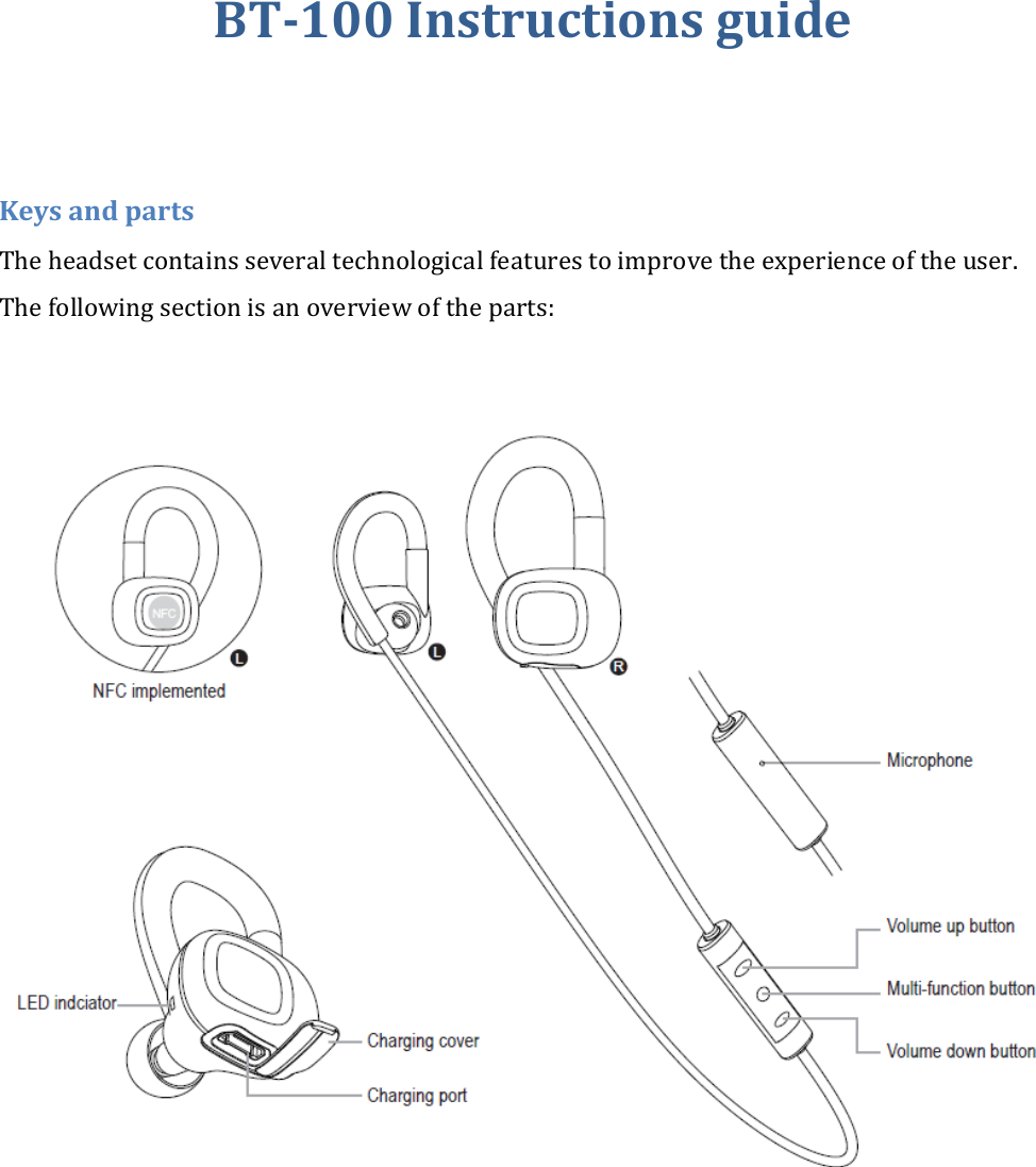 BT-100 Instructions guide   Keys and parts The headset contains several technological features to improve the experience of the user. The following section is an overview of the parts:    
