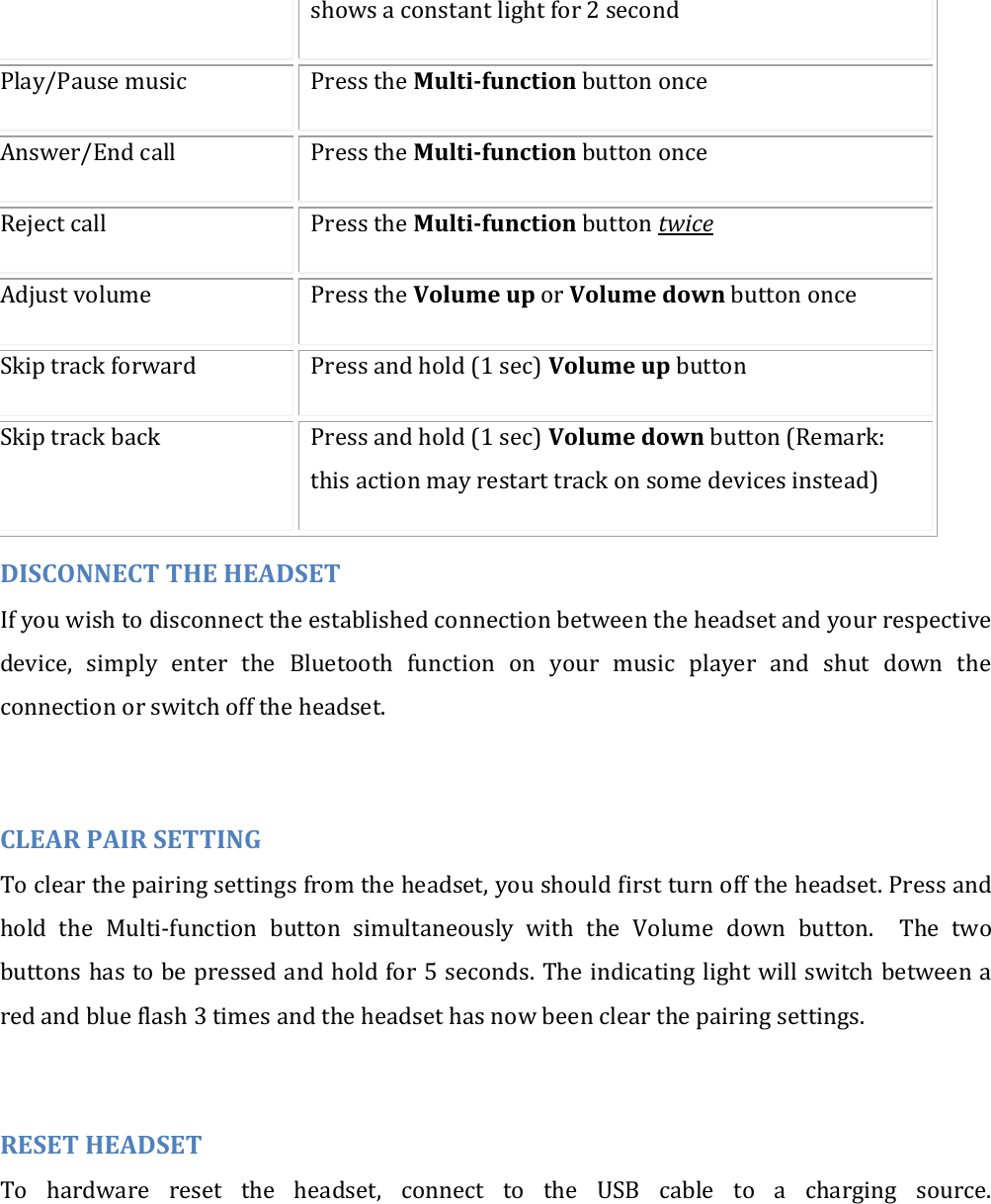 shows a constant light for 2 second Play/Pause music Press the Multi-function button once Answer/End call Press the Multi-function button once Reject call Press the Multi-function button twice Adjust volume Press the Volume up or Volume down button once Skip track forward Press and hold (1 sec) Volume up button Skip track back Press and hold (1 sec) Volume down button (Remark: this action may restart track on some devices instead) DISCONNECT THE HEADSET If you wish to disconnect the established connection between the headset and your respective device,  simply  enter  the  Bluetooth  function  on  your  music  player  and  shut  down  the connection or switch off the headset.  CLEAR PAIR SETTING  To clear the pairing settings from the headset, you should first turn off the headset. Press and hold  the  Multi-function  button  simultaneously  with  the  Volume  down  button.    The  two buttons has to be pressed and hold for 5 seconds. The indicating light will switch between a red and blue flash 3 times and the headset has now been clear the pairing settings.  RESET HEADSET To  hardware  reset  the  headset,  connect  to  the  USB  cable  to  a  charging  source. 