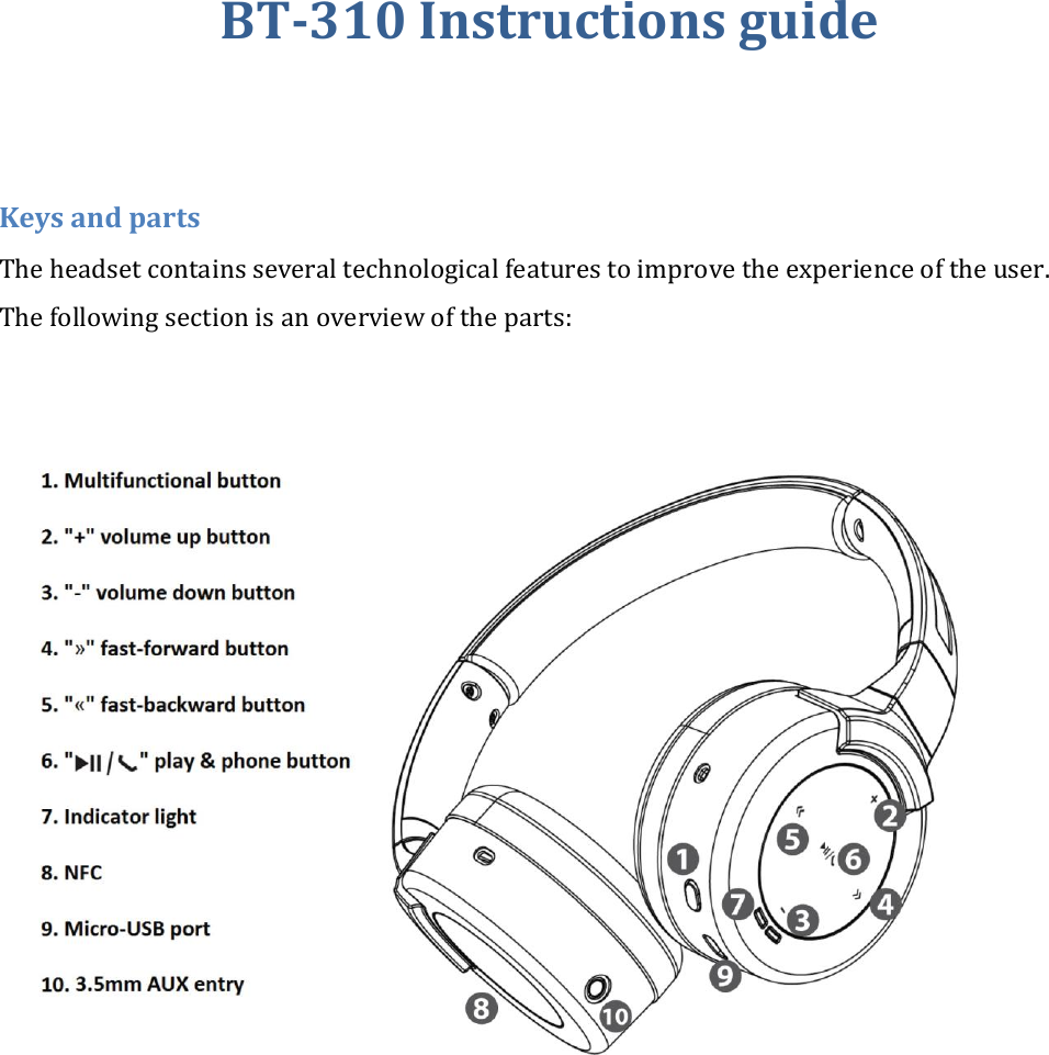 BT-310 Instructions guide   Keys and parts The headset contains several technological features to improve the experience of the user. The following section is an overview of the parts:   