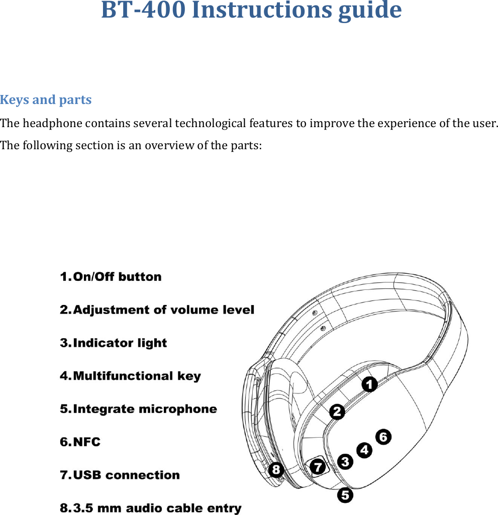 BT-400 Instructions guide   Keys and parts The headphone contains several technological features to improve the experience of the user. The following section is an overview of the parts:    