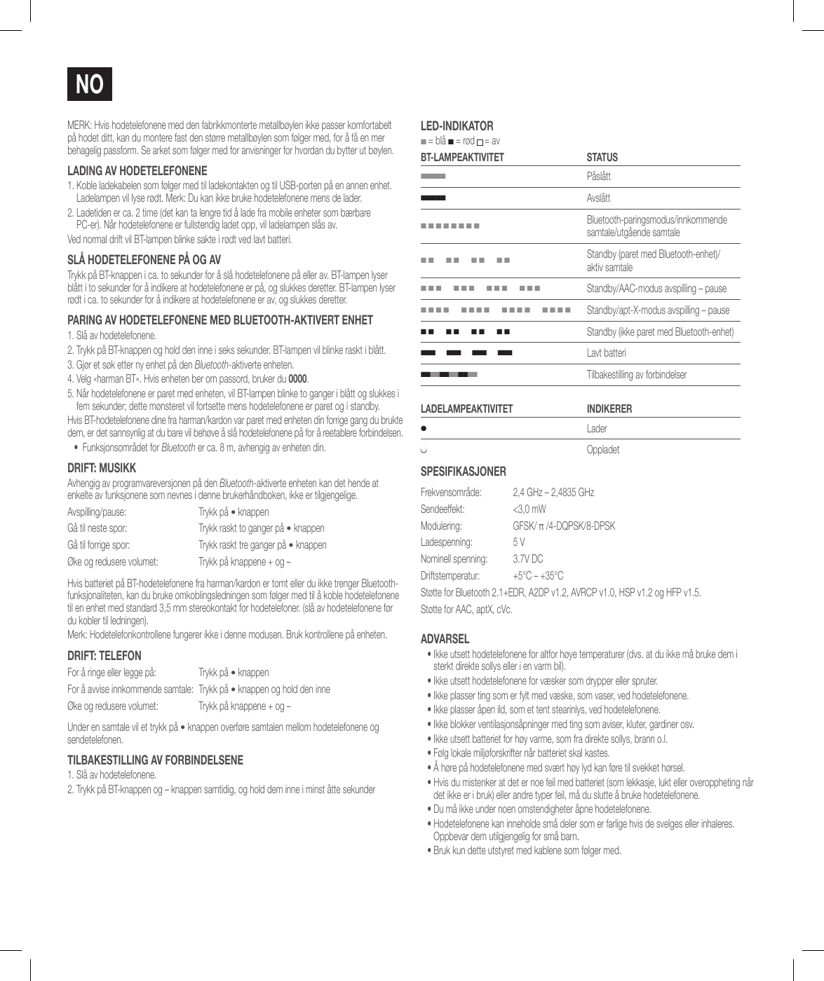NoMERK: Hvis hodetelefonene med den fabrikkmonterte metallb&oslash;ylen ikke passer komfortabelt p&aring; hodet ditt, kan du montere fast den st&oslash;rre metallb&oslash;ylen som f&oslash;lger med, for &aring; f&aring; en mer behagelig passform. Se arket som f&oslash;lger med for anvisninger for hvordan du bytter ut b&oslash;ylen.ladiNg av hodETElEFoNENE1.  Koble ladekabelen som f&oslash;lger med til ladekontakten og til USB-porten p&aring; en annen enhet. Ladelampen vil lyse r&oslash;dt. Merk: Du kan ikke bruke hodetelefonene mens de lader.2.  Ladetiden er ca. 2 time (det kan ta lengre tid &aring; lade fra mobile enheter som b&aelig;rbare  PC-er). N&aring;r hodetelefonene er fullstendig ladet opp, vil ladelampen sl&aring;s av.Ved normal drift vil BT-lampen blinke sakte i r&oslash;dt ved lavt batteri.sl&aring; hodETElEFoNENE P&aring; og avTrykk p&aring; BT-knappen i ca. to sekunder for &aring; sl&aring; hodetelefonene p&aring; eller av. BT-lampen lyser bl&aring;tt i to sekunder for &aring; indikere at hodetelefonene er p&aring;, og slukkes deretter. BT-lampen lyser r&oslash;dt i ca. to sekunder for &aring; indikere at hodetelefonene er av, og slukkes deretter.PaRiNg av hodETElEFoNENE MEd BluETooTh-akTivERT ENhET1. Sl&aring; av hodetelefonene.2.  Trykk p&aring; BT-knappen og hold den inne i seks sekunder. BT-lampen vil blinke raskt i bl&aring;tt.3.  Gj&oslash;r et s&oslash;k etter ny enhet p&aring; den Bluetooth-aktiverte enheten. 4.  Velg &laquo;harman BT&raquo;. Hvis enheten ber om passord, bruker du 0000.5.  N&aring;r hodetelefonene er paret med enheten, vil BT-lampen blinke to ganger i bl&aring;tt og slukkes i fem sekunder; dette m&oslash;nsteret vil fortsette mens hodetelefonene er paret og i standby.Hvis BT-hodetelefonene dine fra harman/kardon var paret med enheten din forrige gang du brukte dem, er det sannsynlig at du bare vil beh&oslash;ve &aring; sl&aring; hodetelefonene p&aring; for &aring; reetablere forbindelsen.&bull;   Funksjonsomr&aring;det for Bluetooth er ca. 8 m, avhengig av enheten din.dRiFT: MusikkAvhengig av programvareversjonen p&aring; den Bluetooth-aktiverte enheten kan det hende at enkelte av funksjonene som nevnes i denne brukerh&aring;ndboken, ikke er tilgjengelige.Avspilling/pause: Trykk p&aring; &bull; knappenG&aring; til neste spor: Trykk raskt to ganger p&aring; &bull; knappenG&aring; til forrige spor: Trykk raskt tre ganger p&aring; &bull; knappen&Oslash;ke og redusere volumet: Trykk p&aring; knappene + og &ndash;Hvis batteriet p&aring; BT-hodetelefonene fra harman/kardon er tomt eller du ikke trenger Bluetooth-funksjonaliteten, kan du bruke omkoblingsledningen som f&oslash;lger med til &aring; koble hodetelefonene til en enhet med standard 3,5mm stereokontakt for hodetelefoner. (sl&aring; av hodetelefonene f&oslash;r du kobler til ledningen).Merk: Hodetelefonkontrollene fungerer ikke i denne modusen. Bruk kontrollene p&aring; enheten.dRiFT: TElEFoNFor &aring; ringe eller legge p&aring;: Trykk p&aring; &bull; knappenFor &aring; avvise innkommende samtale: Trykk p&aring; &bull; knappen og hold den inne&Oslash;ke og redusere volumet: Trykk p&aring; knappene + og &ndash;Under en samtale vil et trykk p&aring; &bull; knappen overf&oslash;re samtalen mellom hodetelefonene og sendetelefonen.TilBakEsTilliNg av FoRBiNdElsENE1. Sl&aring; av hodetelefonene.2. Trykk p&aring; BT-knappen og &ndash; knappen samtidig, og hold dem inne i minst &aring;tte sekunderlEd-iNdikaToR ■ = bl&aring; ■ = r&oslash;d  = avBT-laMPEakTiviTET sTaTus■■■■■P&aring;sl&aring;tt■■■■■Avsl&aring;tt■ ■ ■ ■ ■ ■ ■ ■Bluetooth-paringsmodus/innkommende samtale/utg&aring;ende samtale■ ■      ■ ■      ■ ■      ■ ■Standby (paret med Bluetooth-enhet)/ aktiv samtale■ ■ ■      ■ ■ ■      ■ ■ ■      ■ ■ ■Standby/AAC-modus avspilling &ndash; pause■ ■ ■ ■      ■ ■ ■ ■      ■ ■ ■ ■      ■ ■ ■ ■Standby/apt-X-modus avspilling &ndash; pause■ ■      ■ ■      ■ ■      ■ ■Standby (ikke paret med Bluetooth-enhet)■ ■ ■      ■ ■ ■      ■ ■ ■      ■ ■ ■Lavt batteri■ ■ ■ ■ ■ ■ ■ ■ ■ ■ ■ ■   Tilbakestilling av forbindelserladElaMPEakTiviTET iNdikERER●Lader●OppladetsPEsiFikasjoNERFrekvensomr&aring;de:  2,4GHz &ndash; 2,4835GHzSendeeffekt:  <3,0mWModulering: GFSK/ &pi; /4-DQPSK/8-DPSKLadespenning: 5VNominell spenning: 3.7V DCDriftstemperatur: +5&deg;C &ndash; +35&deg;CSt&oslash;tte for Bluetooth 2.1+EDR, A2DP v1.2, AVRCP v1.0, HSP v1.2 og HFP v1.5.St&oslash;tte for AAC, aptX, cVc.advaRsEl&bull;  Ikke utsett hodetelefonene for altfor h&oslash;ye temperaturer (dvs. at du ikke m&aring; bruke dem i sterkt direkte sollys eller i en varm bil).&bull; Ikke utsett hodetelefonene for v&aelig;sker som drypper eller spruter.&bull; Ikke plasser ting som er fylt med v&aelig;ske, som vaser, ved hodetelefonene.&bull; Ikke plasser &aring;pen ild, som et tent stearinlys, ved hodetelefonene.&bull; Ikke blokker ventilasjons&aring;pninger med ting som aviser, kluter, gardiner osv.&bull; Ikke utsett batteriet for h&oslash;y varme, som fra direkte sollys, brann o.l.&bull; F&oslash;lg lokale milj&oslash;forskrifter n&aring;r batteriet skal kastes.&bull; &Aring; h&oslash;re p&aring; hodetelefonene med sv&aelig;rt h&oslash;y lyd kan f&oslash;re til svekket h&oslash;rsel.&bull;  Hvis du mistenker at det er noe feil med batteriet (som lekkasje, lukt eller overoppheting n&aring;r det ikke er i bruk) eller andre typer feil, m&aring; du slutte &aring; bruke hodetelefonene.&bull;  Du m&aring; ikke under noen omstendigheter &aring;pne hodetelefonene.&bull;  Hodetelefonene kan inneholde sm&aring; deler som er farlige hvis de svelges eller inhaleres. Oppbevar dem utilgjengelig for sm&aring; barn.&bull;  Bruk kun dette utstyret med kablene som f&oslash;lger med.